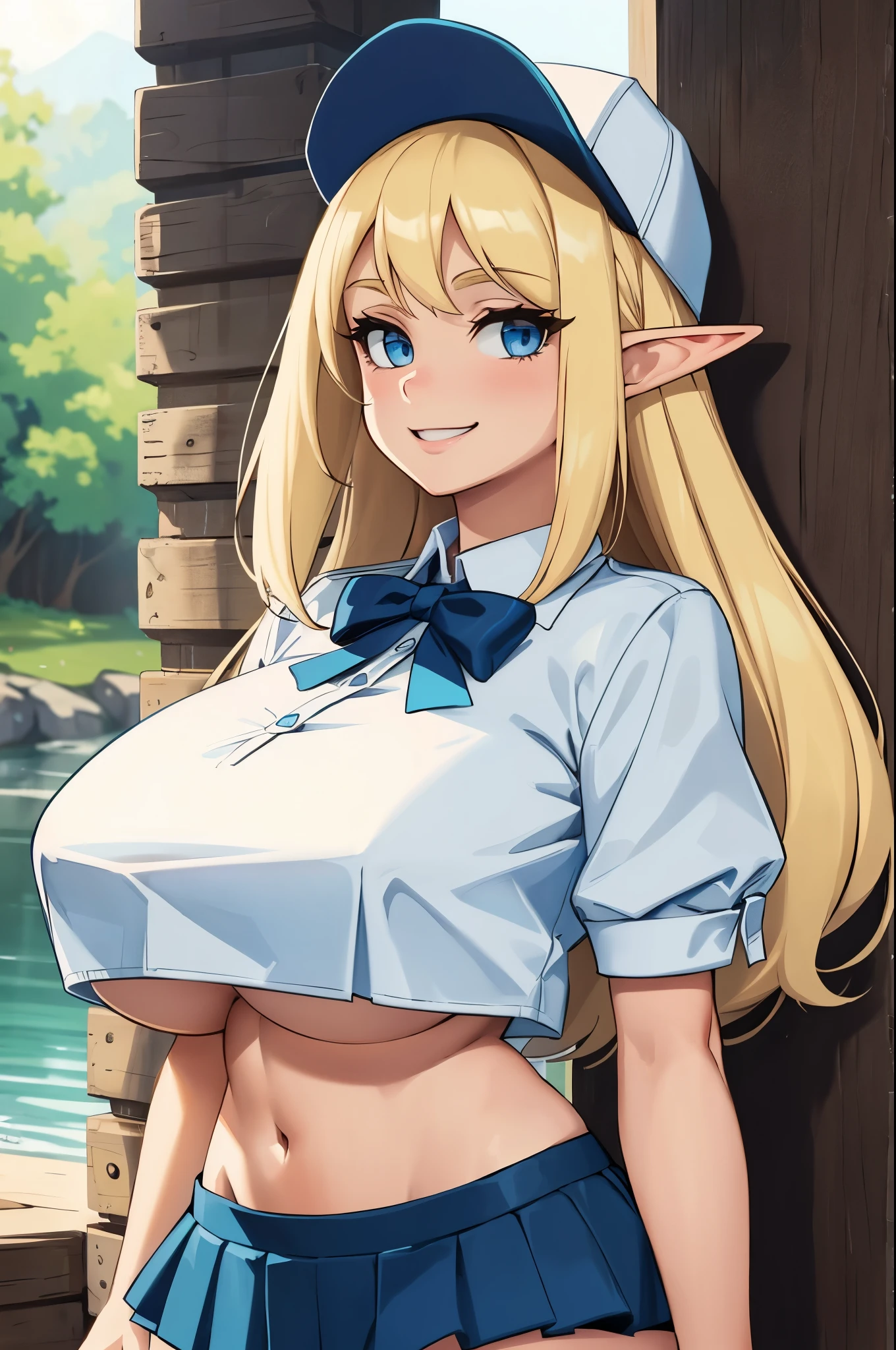 (masterpiece, official art), 1girls, solo, shortstackBT, shortstack, thick, curvy, curvaceous, blonde hair, blue eyes, long hair, elf ears, elf, (closeup), portrait, (gigantic breasts), (huge breasts), fluffy breasts, standing, cowboy shot, at river bank, sunlight, looking at viewer, (upper body), grin, seductive, alluring attire, detached collar, bowtie, (crop top, underboob, miniskirt, baseball cap)