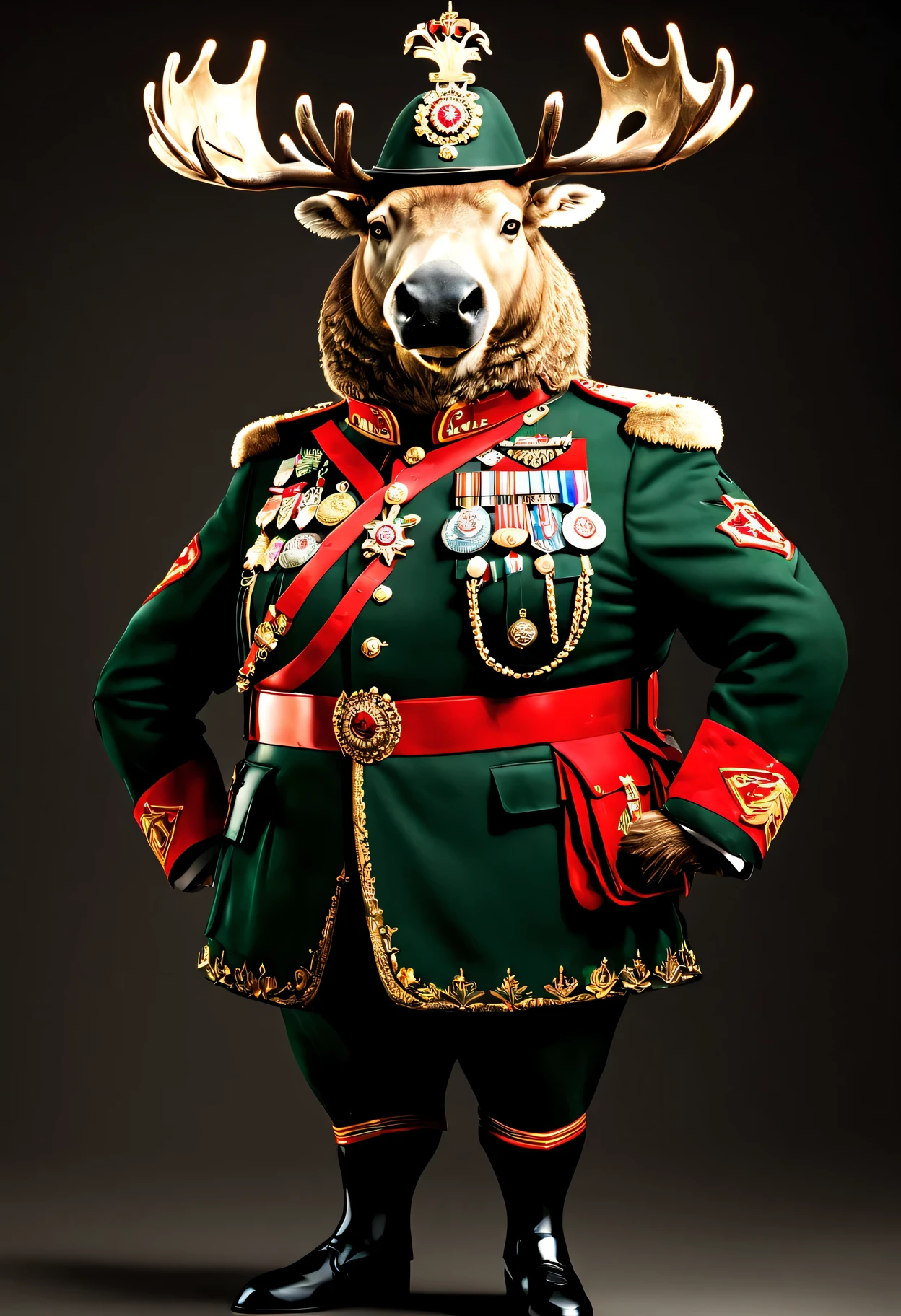 photorealistic portrait of Dressed animals - a ((fat)) moose general,(brave pose), high quality,(lovely) ,intricate details, highly detailed ((military uniform) ,,highly detailed decorations, , (brave), studio lighting,(full body image:1.5)