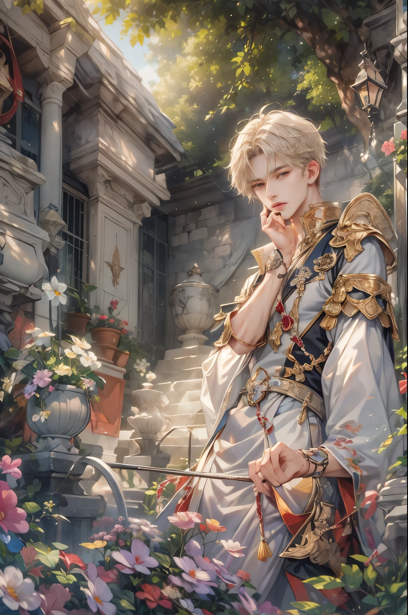 (absurdres, highres, ultra detailed, HDR), masterpiece, Intricate details,best quality picture of a character from Valkyrie Elysium, handsome teen boy with short Hair anime eyes, intricate details on face, in a detailed outside garden sanctuary scenery, detailed character, art kenouji