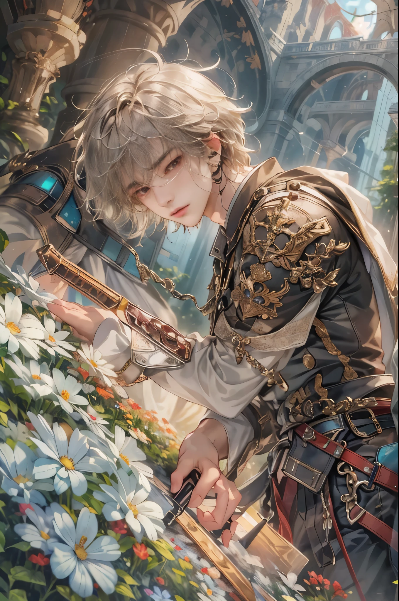 (absurdres, highres, ultra detailed, HDR), masterpiece, Intricate details,best quality picture of a character from Valkyrie Elysium, handsome teen boy with short Hair anime eyes, intricate details on face, in a detailed outside garden sanctuary scenery, detailed character, art kenouji