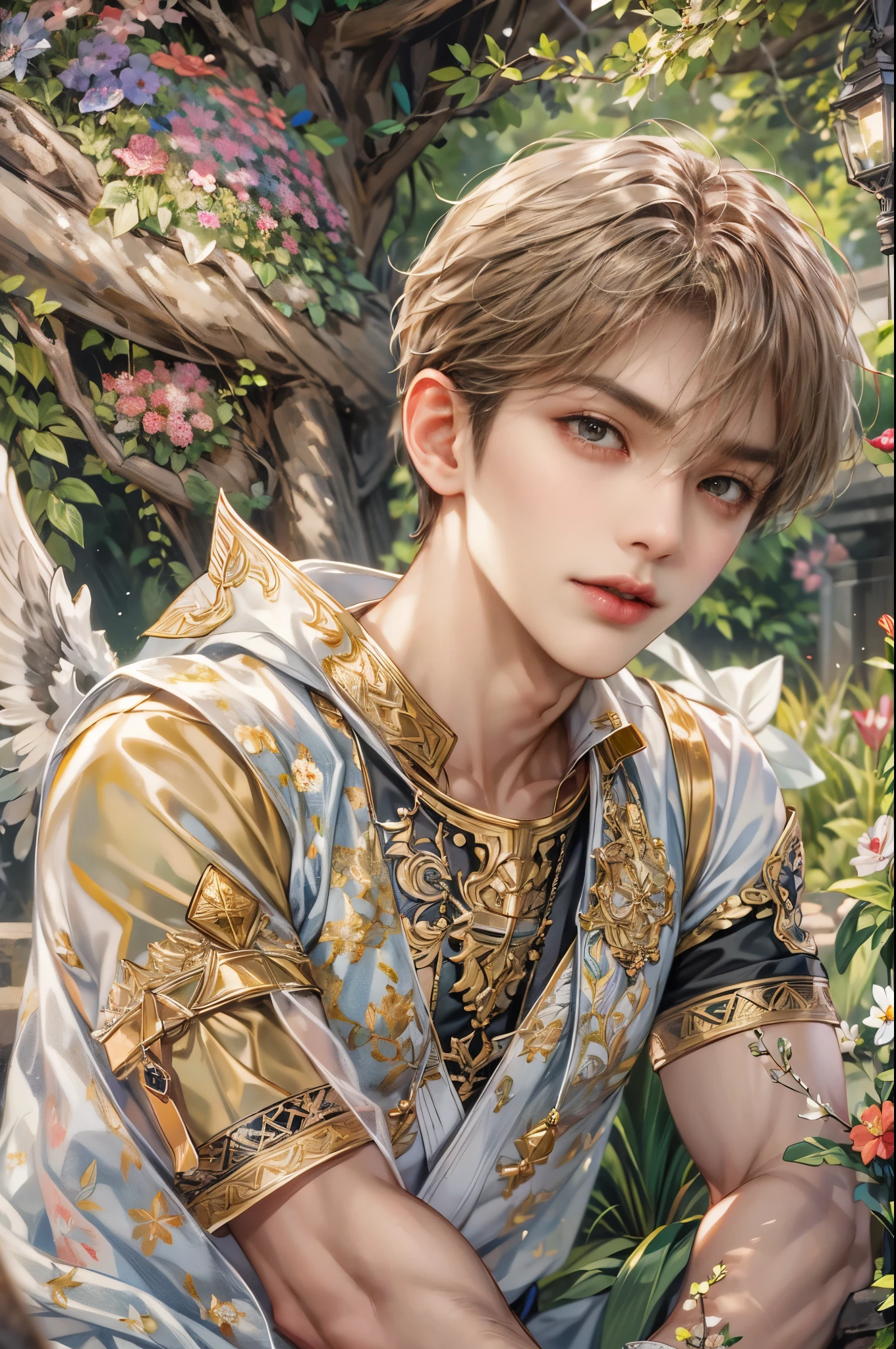 (absurdres, highres, ultra detailed, HDR), masterpiece, Intricate details,best quality picture of a character from Valkyrie Elysium, handsome teen boy with short Hair anime eyes, intricate details on face, in a detailed outside garden sanctuary scenery, detailed character, art kenouji