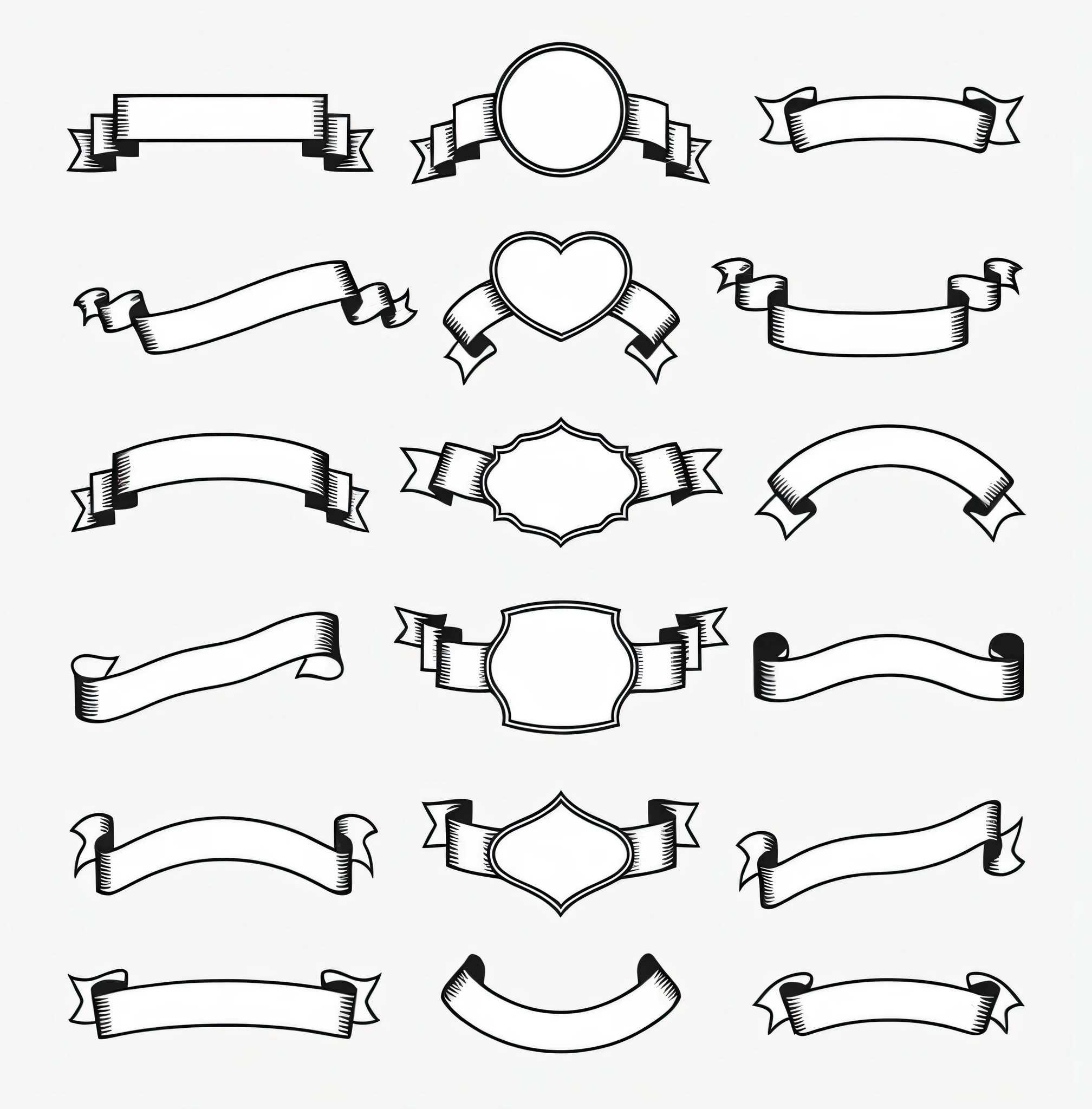 a set of black and white ribbons and banners, line art, engraved vector, illustrator vector graphics, wide ribbons, clipart, line - art, line vector art, art nouveau design elements, svg vector art, smooth and clean vector curves, elaborate inking lines, clip art, smooth stylized shapes, scrolls, vector svg art, black and white vector