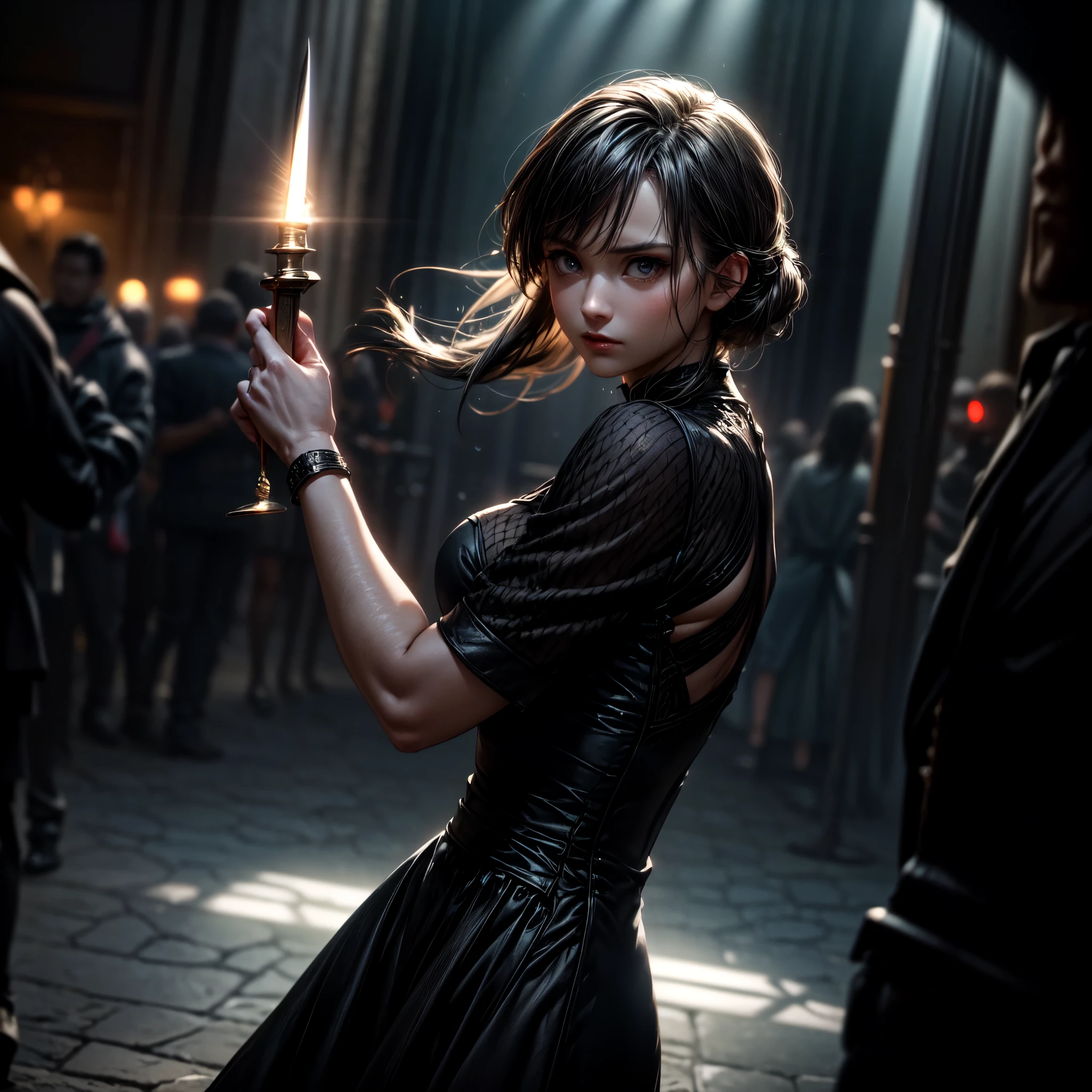 16K, ultra detailed, masterpiece, best quality, (extremely detailed), arafed, action shot, a woman spy, wearing an elegant dress, black dress, holding a (dagger: 1.3)  in a cocktail party,  Wide-Angle, Ultra-Wide Angle, 8k, highres, best quality, high details, determined face, god rays, cinematic lighting, glowing light, silhouette, from outside, photorealism