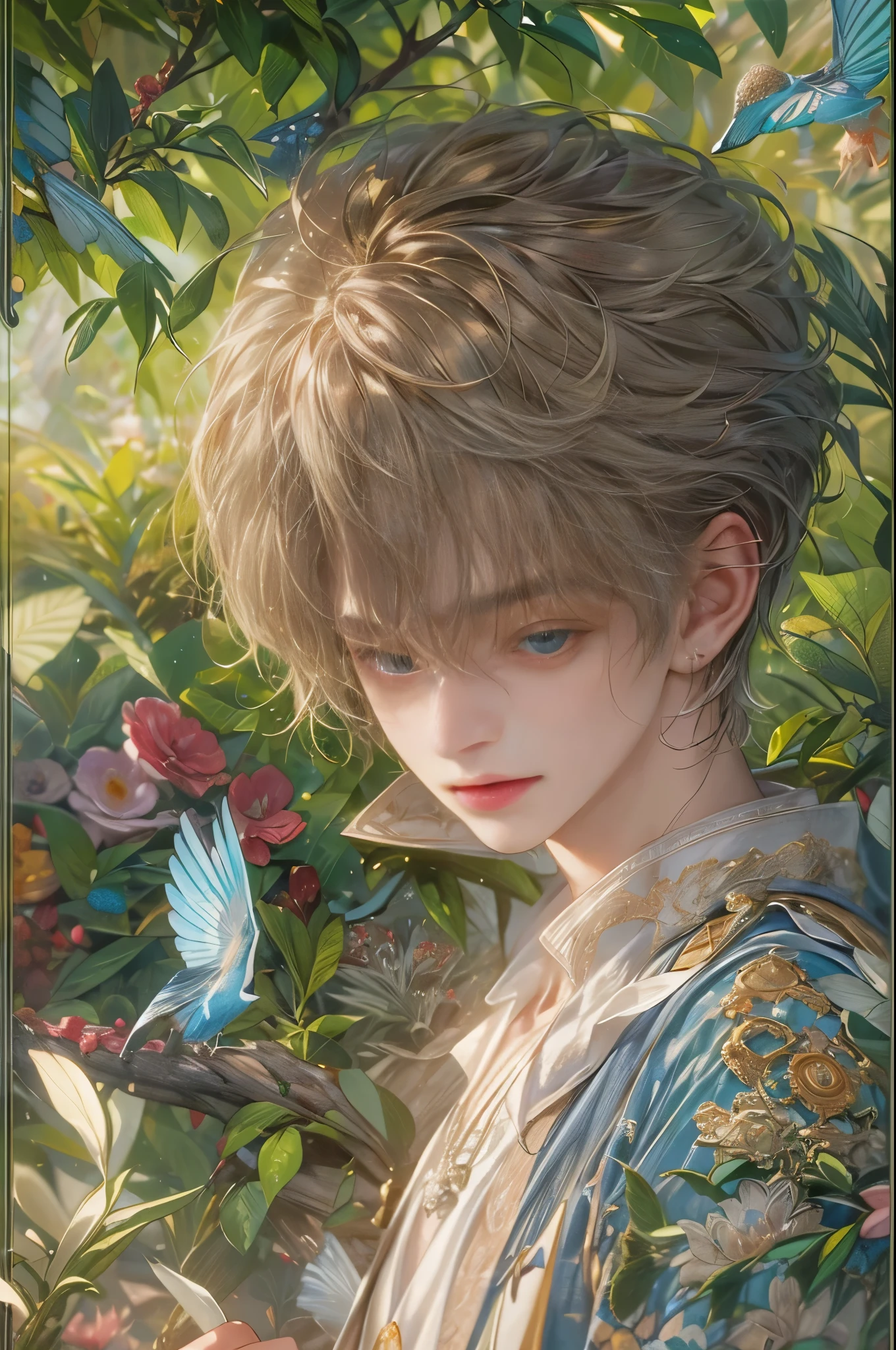 (absurdres, highres, ultra detailed, HDR), masterpiece, Intricate details,best quality picture of a character from Tales of the rays, handsome boy with short Hair anime eyes, intricate details on face, in a detailed outside garden sanctuary scenery, detailed character, art kenouji