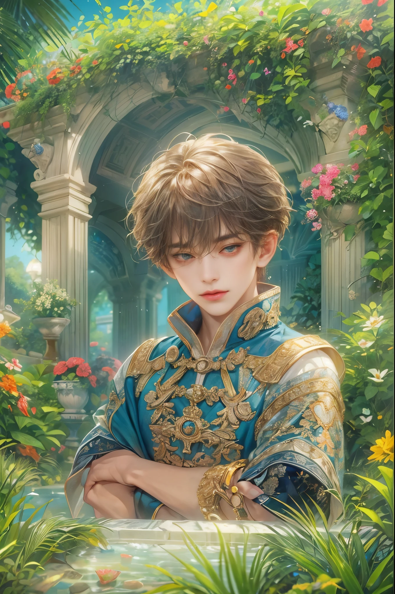 (absurdres, highres, ultra detailed, HDR), masterpiece, Intricate details,best quality picture of a character from Tales of the rays, handsome boy with short Hair anime eyes, intricate details on face, in a detailed outside garden sanctuary scenery, detailed character, art kenouji