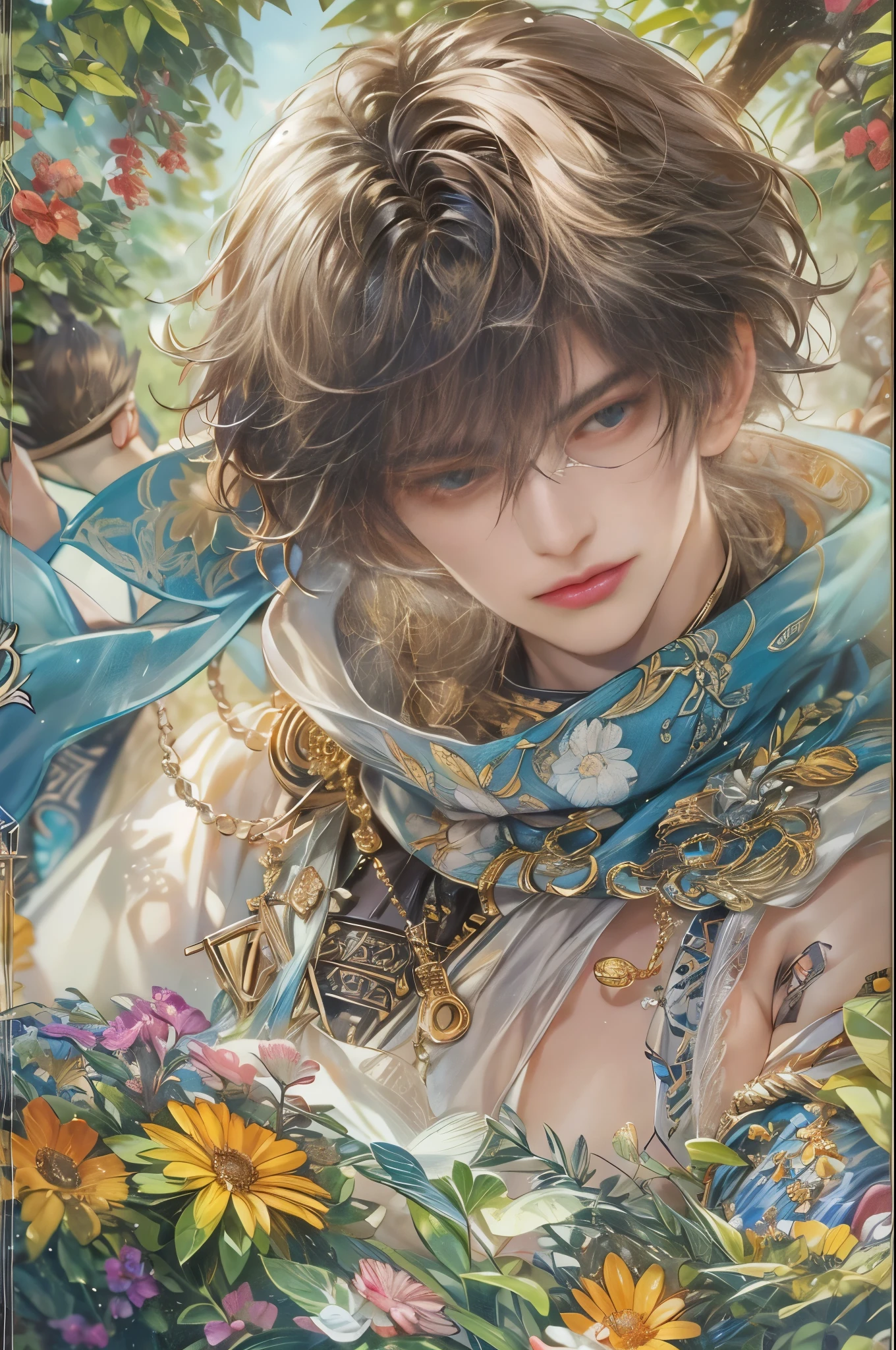 (absurdres, highres, ultra detailed, HDR), masterpiece, Intricate details,best quality picture of a character from Tales of the rays, handsome boy with short Hair anime eyes, intricate details on face, in a detailed outside garden sanctuary scenery, detailed character, art kenouji