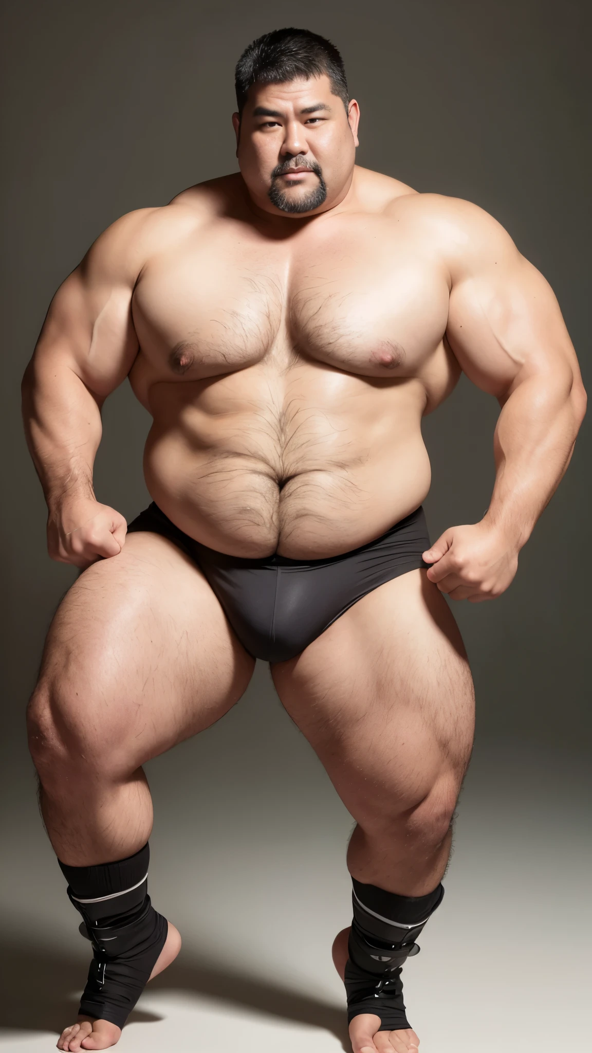black hair, middle-aged man, individual, male, Muscular wrestler, muscular, Stout wrestler, Asian, Japanese, uncle, 55 year old middle-aged man, short hair, short hair, white wrestling boots, full body portrait, shadow, Vision, white briefs, obesity, 45 years old, short beard, middle-aged man, tattoo, fingerless gloves, Wheat skin, shiny skin, dark skin, Show your pectoral muscles, sumo wrestler, bodybuilder, wide temples, Visible abdominal muscles, Smile, Fine hands, solid color background, pure white background, knee pad, black knee pads, Surrealism, Panorama, 8k, super detail,black knee pad,(knee pad :4)