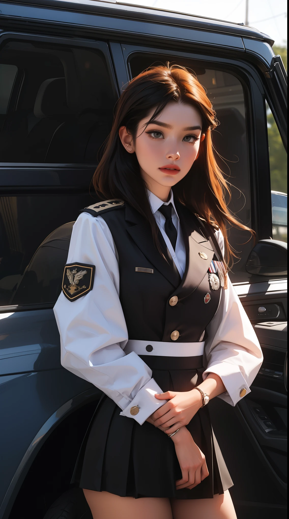 Create a highly detailed 3D rendering of a character named Ulc from SEGA's PSO2. The character is an elf-like female with pointed ears and long, straight, dark red hair. She wears a futuristic, military-style uniform with gray and white colors. (small military garisson cap), The uniform includes a fitted jacket with intricate white designs, shoulder epaulets, and a skirt. She has a serious expression and is depicted with one hand near her ear as if she is communicating through a device. (shiny skin)