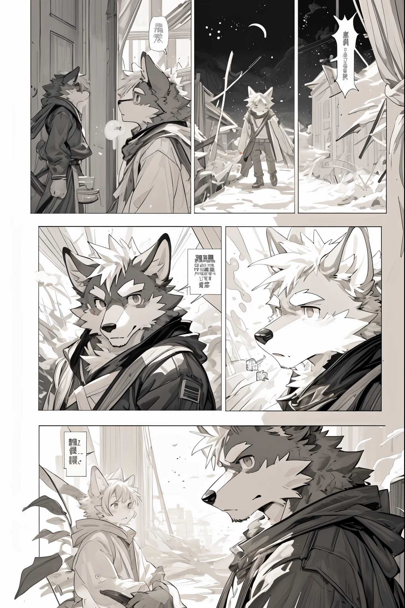 top quality, best quality, highres, unparalleled masterpiece, perfect artwork, paid reward available, indoor, couple of comics(super cute 1girl, 1wolf, kemono, furry anthro)tumblr, sosaku hanga, black and white manga page, manga page, doujin, ddlc, anime, comedy comic, black and white manga panel, zerochan,