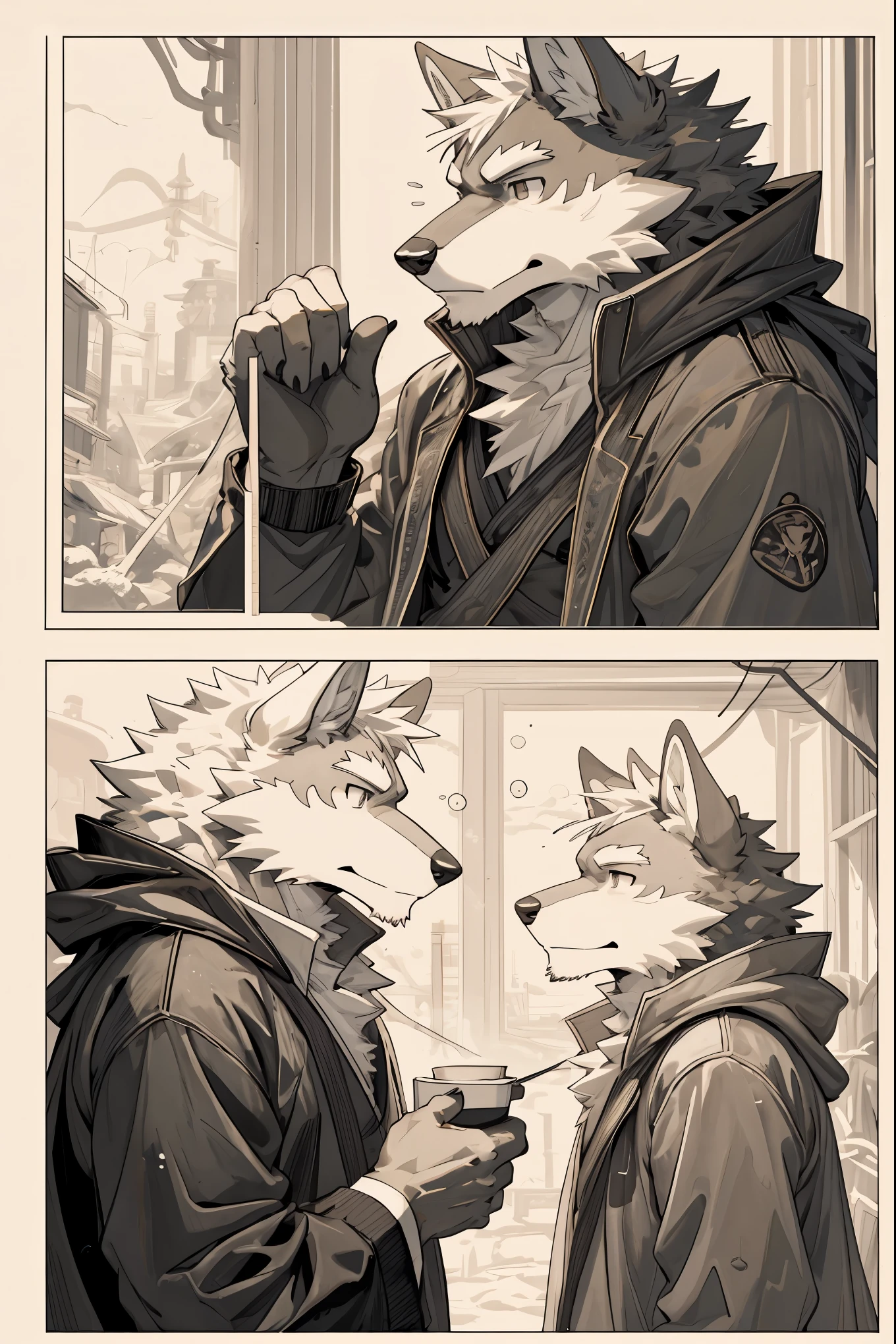top quality, best quality, highres, unparalleled masterpiece, perfect artwork, paid reward available, indoor, couple of comics(super cute 1girl, 1wolf, kemono, furry anthro)tumblr, sosaku hanga, black and white manga page, manga page, doujin, ddlc, anime, comedy comic, black and white manga panel, zerochan,