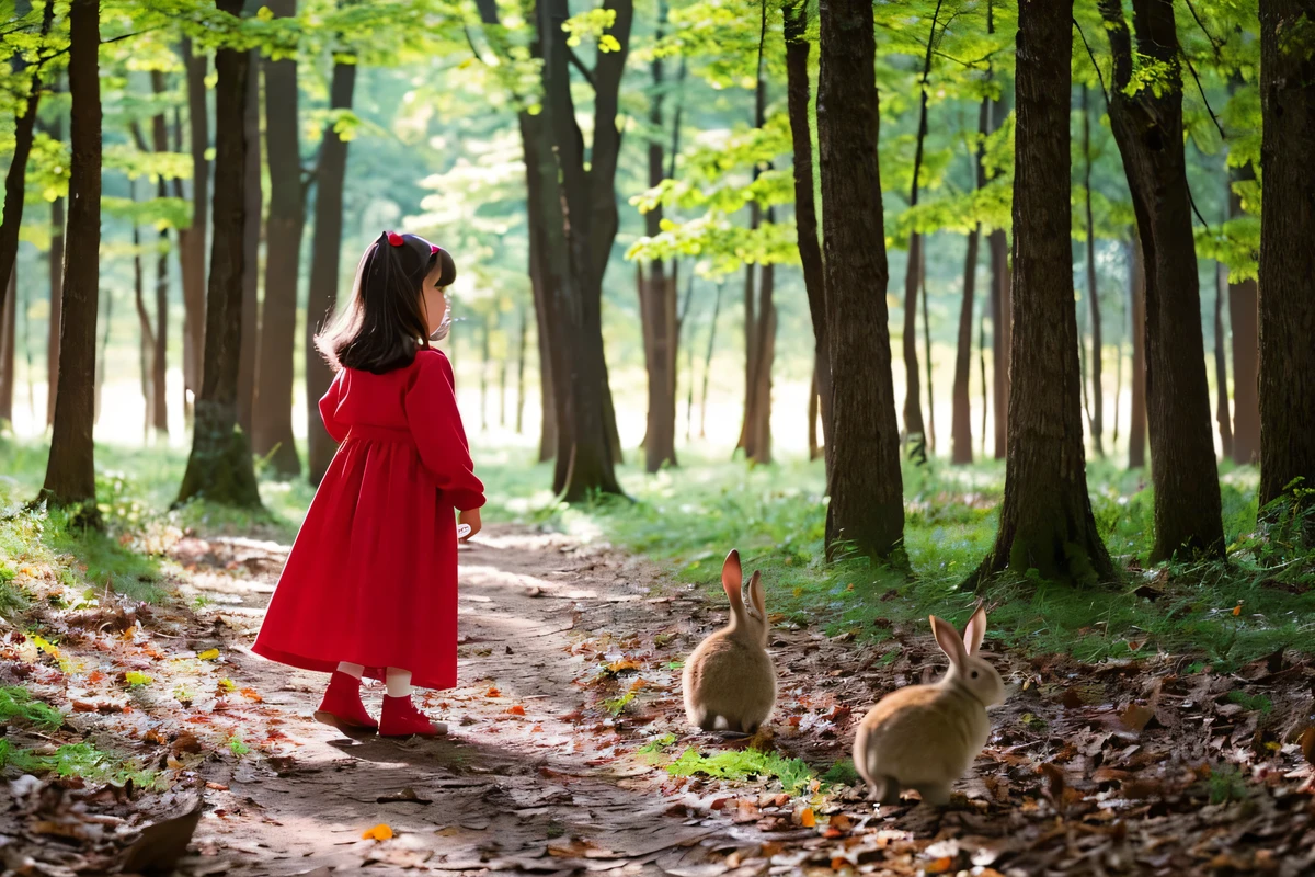 9 year old girl wearing red clothes、being alone in the forest。Walking with rabbits。