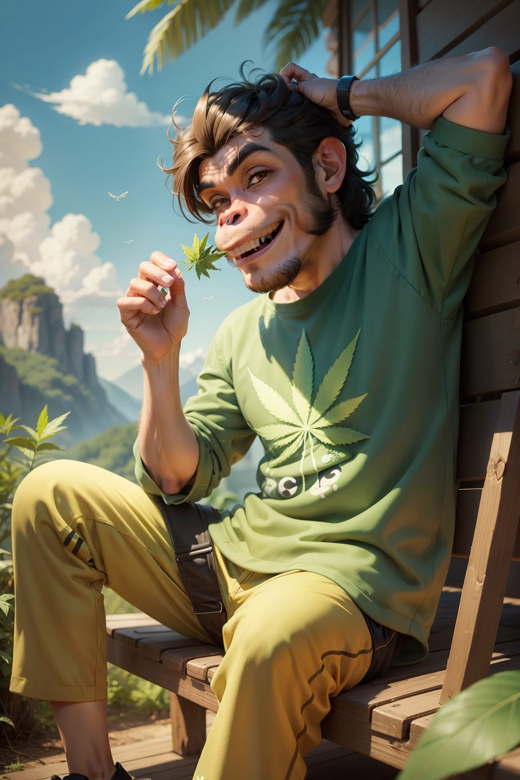 In a vibrant 2D comic world, a merrily laughing ape holds up a colorful sticker of a cannabis leaf, its eyes twinkling with amusement. Dressed in quirky comic attire, the ape seems to be sharing a secret joke with the viewers while puffing on a joint. Surrounding the scene is an intricately detailed background of lush greenery, adding to the laid-back and playful atmosphere of this lively comic illustration.