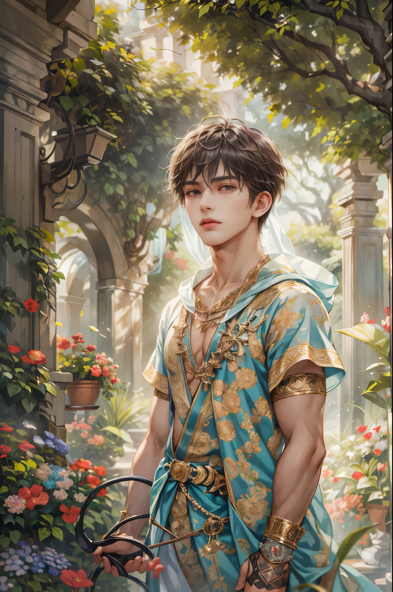 (absurdres, highres, ultra detailed, HDR), masterpiece, Intricate details,best quality picture of a character from Valkyrie Elysium, handsome teen boy with short Hair anime eyes, intricate details on face, in a detailed outside garden sanctuary scenery, detailed character, art kenouji