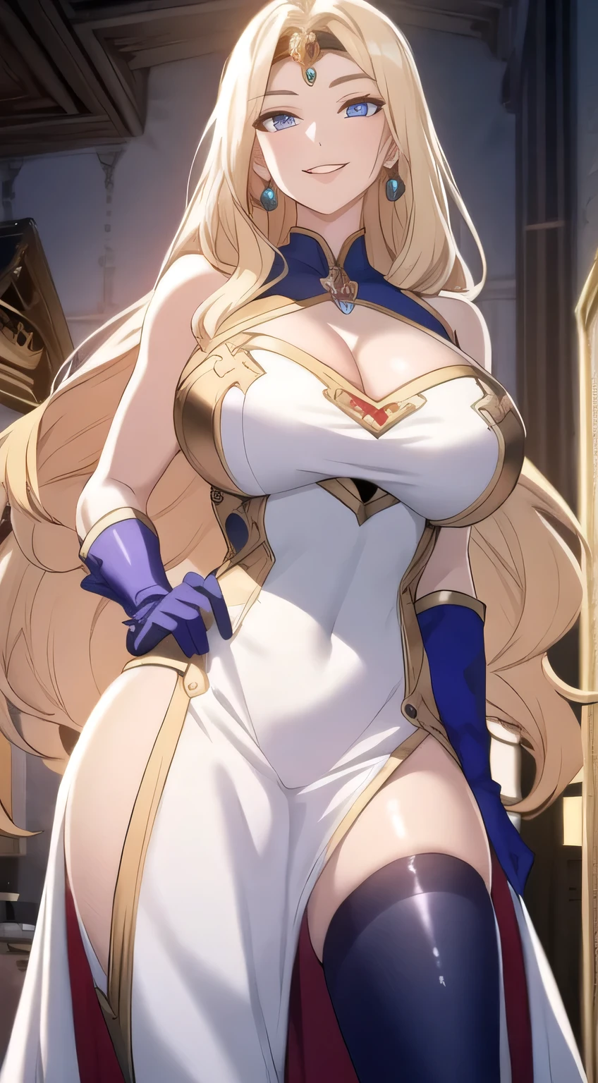 Lian, long blonde hair, hair stick, bangs, blue eyes, solo, smiling, standing, upper body, hips, bare shoulders,purple thighhighs, white dress, gold jewelry,armor,gloves,circlet, cleavage, red and gold royal castle, gigantic breasts, (best quality, masterpiece, beautiful and aesthetic:1.2, highest detailed face, perfect face,) eyes, perfect face,expressive eyes,
looking at viewer, in the center of the image,(Upper_body),(Focus on her face),
official art,extremely detailed CG unity 8k wallpaper, perfect lighting,Colorful, Bright_Front_face_Lighting,shiny skin,
(masterpiece:1.0),(best_quality:1.0), ultra high res,4K,ultra-detailed