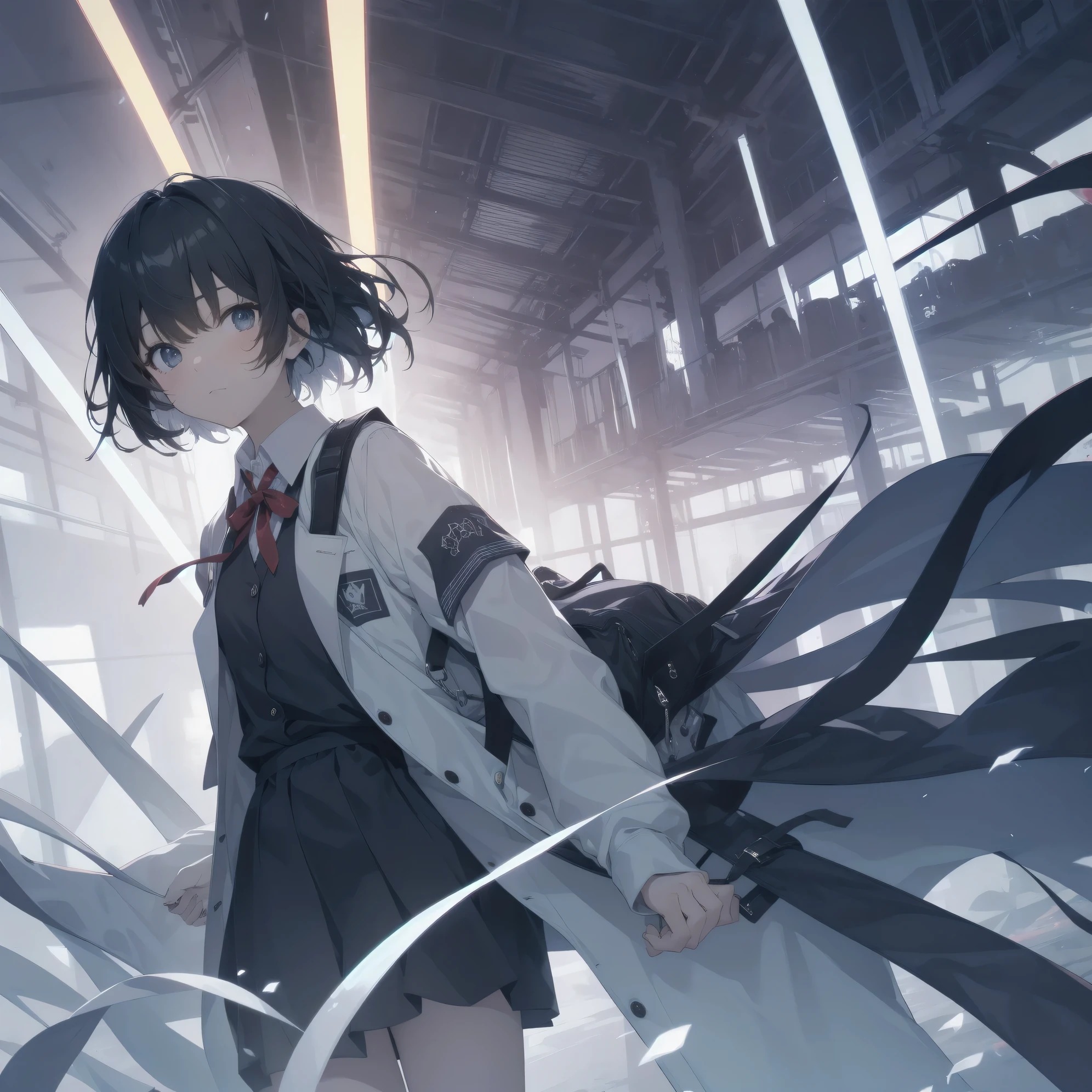 Super absurd quality by the god of art, super detailed, High resolution, anime moe art style, Best Anime 8K Kona-chan Wallpaper, pixiv contest winner, perfect anatomy, break,(眠そうにalone学校へ行く女の子を描いてください. )break,1 girl, (alone,little woman, baby face, 13 years old:1.3),All limbs, full finger,, The charm of an immature body, (very short hair), bangs, flat chest, Small Bodysuits, small ass, between legs, small black eyes, detailed and beautiful eyes, Well-proportioned iris and pupils, expressive eyes, sleepy eyes, High resolutionの詳細な髪, ribbon, neck ribbon, skirt, collared shirt,  pleated skirt, school uniform, school bag,(detailed lighting), (detailed background), On the way to school. break,super dense skin, ,Best movie lighting by famous artists, 8k, figure,photoshop_(Moderate),Absurd Hi-Res,Hmm,rough skin