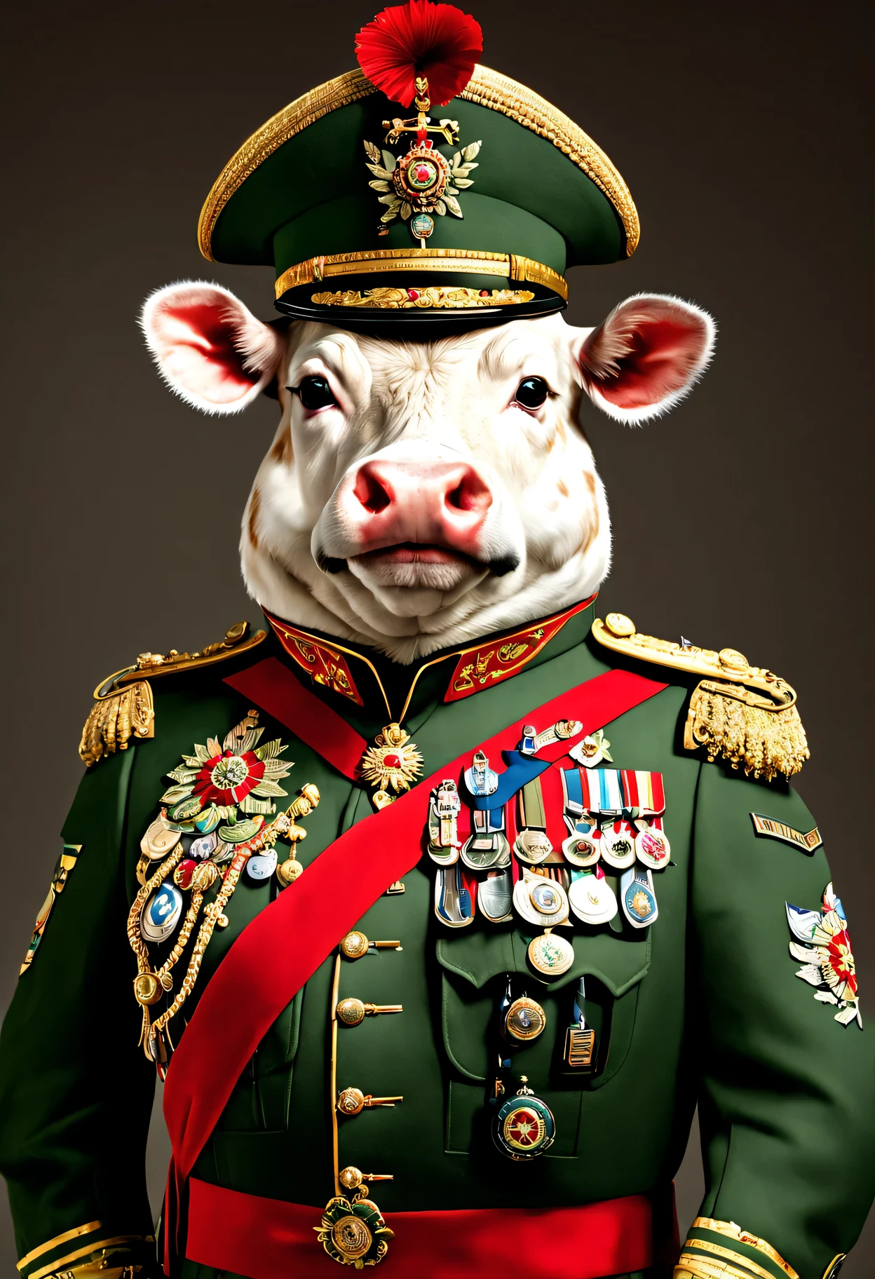 photorealistic portrait of Dressed animals - a ((fat)) cow general,(brave pose), high quality,(lovely) ,intricate details, highly detailed ((military uniform) ,,highly detailed decorations, , (brave), studio lighting,(full body image from head to toe:1.5)