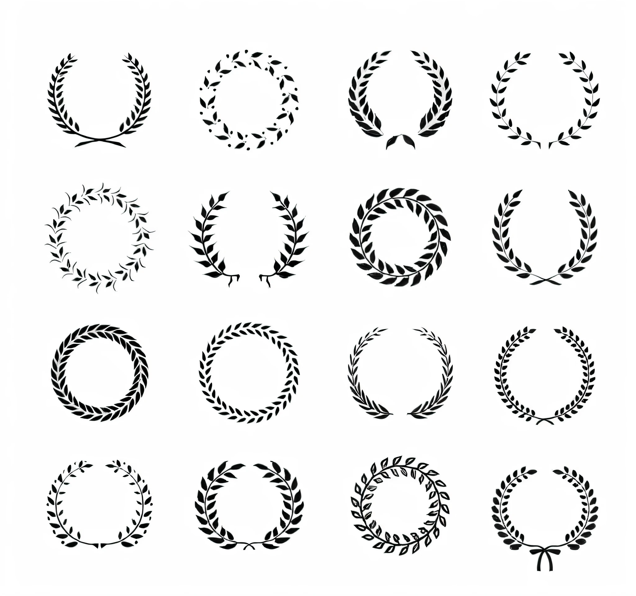 a set of twelve black and white laurel wreaths, in laurel wreath, has a laurel wreath, round elements, wearing a laurel wreath, laurels of glory, wreath of ferns, best on adobe stock, dressed in laurel wreath, circle design, laurel wreath on his head, by Frederik Vermehren, 256x256