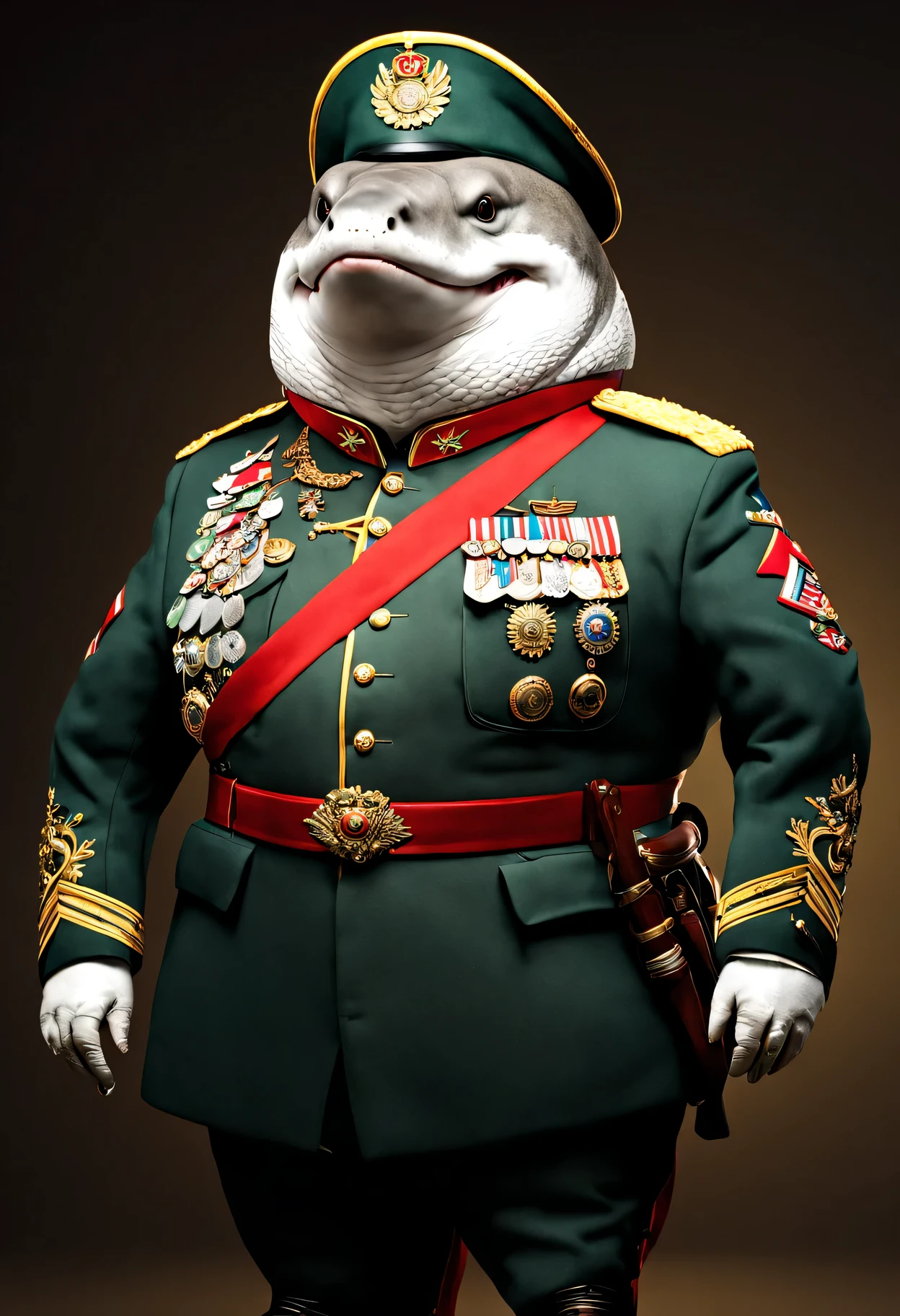 photorealistic portrait of Dressed animals - a ((fat)) shark general,(brave pose), high quality,(lovely) ,intricate details, highly detailed ((military uniform) ,,highly detailed decorations, , (brave), studio lighting,(full body image from head to toe:1.5)