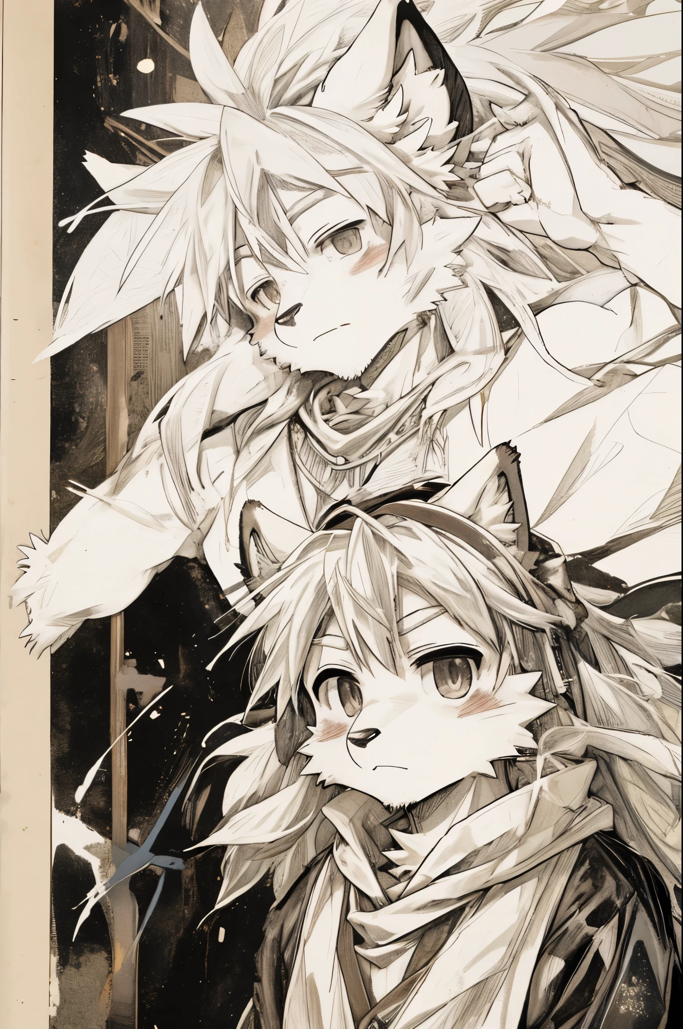 top quality, best quality, highres, unparalleled masterpiece, perfect artwork, paid reward available, indoor, couple of comics(super cute 1girl, 1wolf, kemono, furry anthro)tumblr, sosaku hanga, black and white manga page, manga page, doujin, ddlc, anime, comedy comic, black and white manga panel, zerochan,