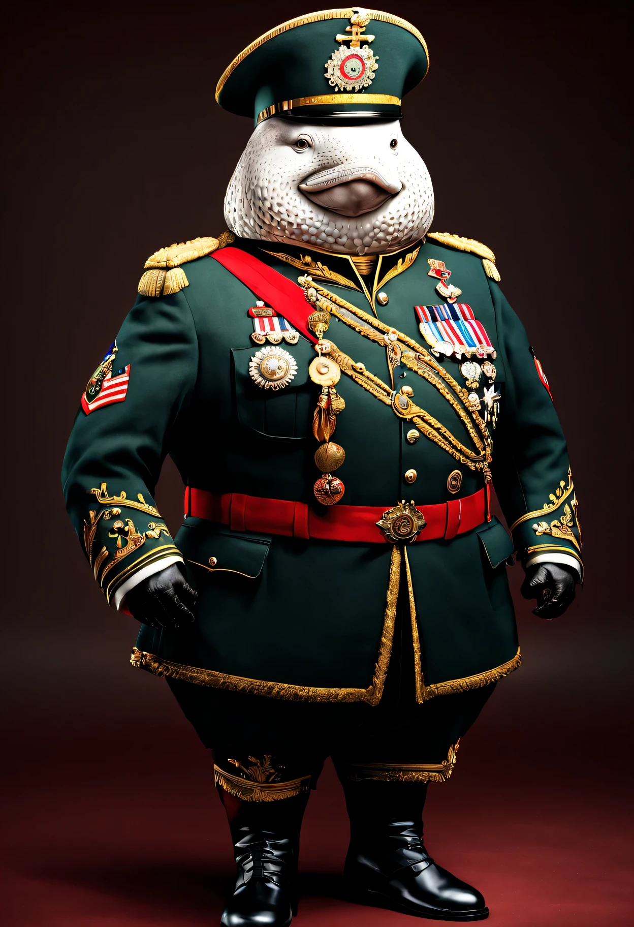 photorealistic portrait of Dressed animals - a ((fat)) whale general,(brave pose), high quality,(lovely) ,intricate details, highly detailed ((military uniform) ,,highly detailed decorations, , (brave), studio lighting,(full body image from head to toe:1.5)