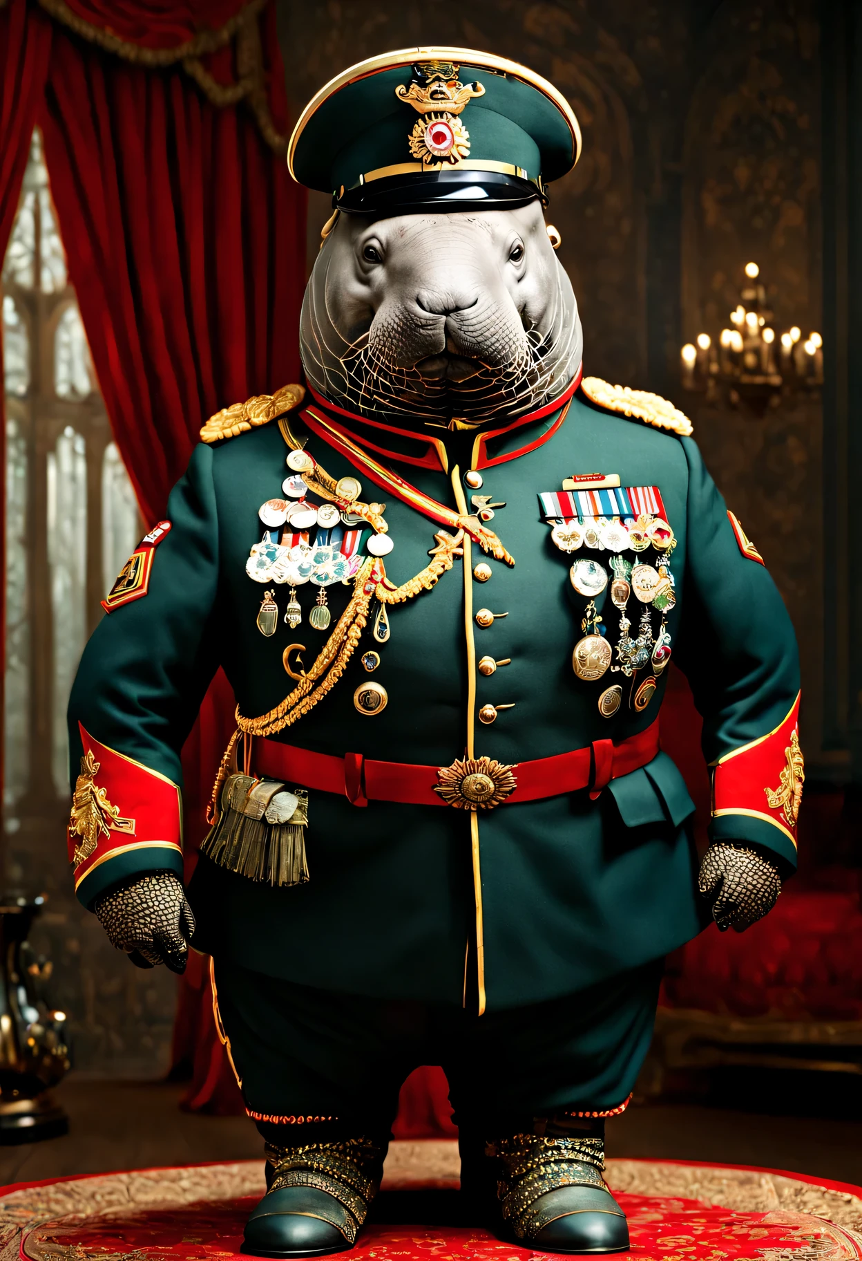 photorealistic portrait of Dressed animals - a ((fat)) manatee general,(brave pose), high quality,(lovely) ,intricate details, highly detailed ((military uniform) ,,highly detailed decorations, , (brave), studio lighting,(full body image from head to toe:1.5)