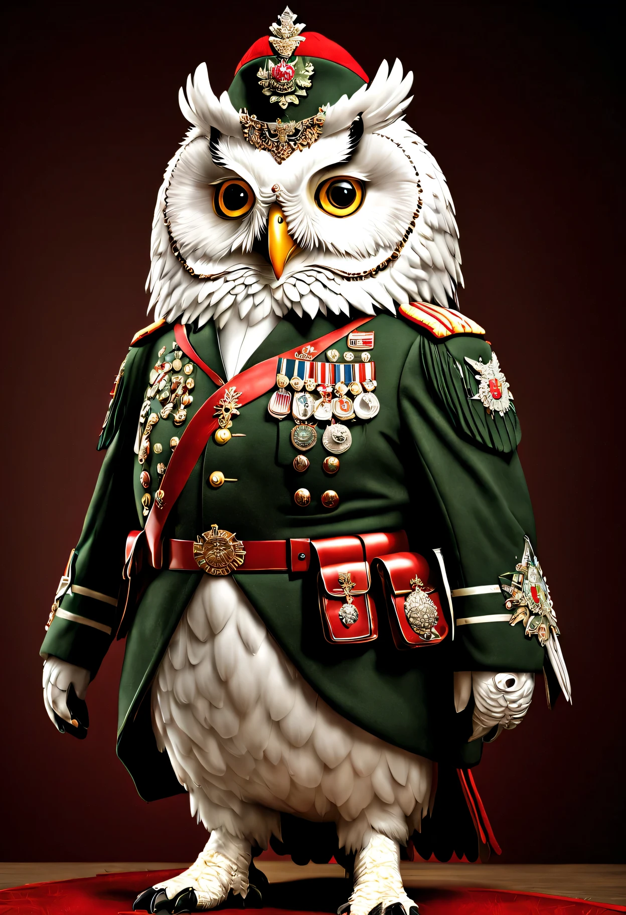 photorealistic portrait of Dressed animals - a ((fat)) white owl general,(brave pose), high quality,(lovely) ,intricate details, highly detailed ((military uniform) ,,highly detailed decorations, , (brave), studio lighting,(full body image from head to toe:1.5)