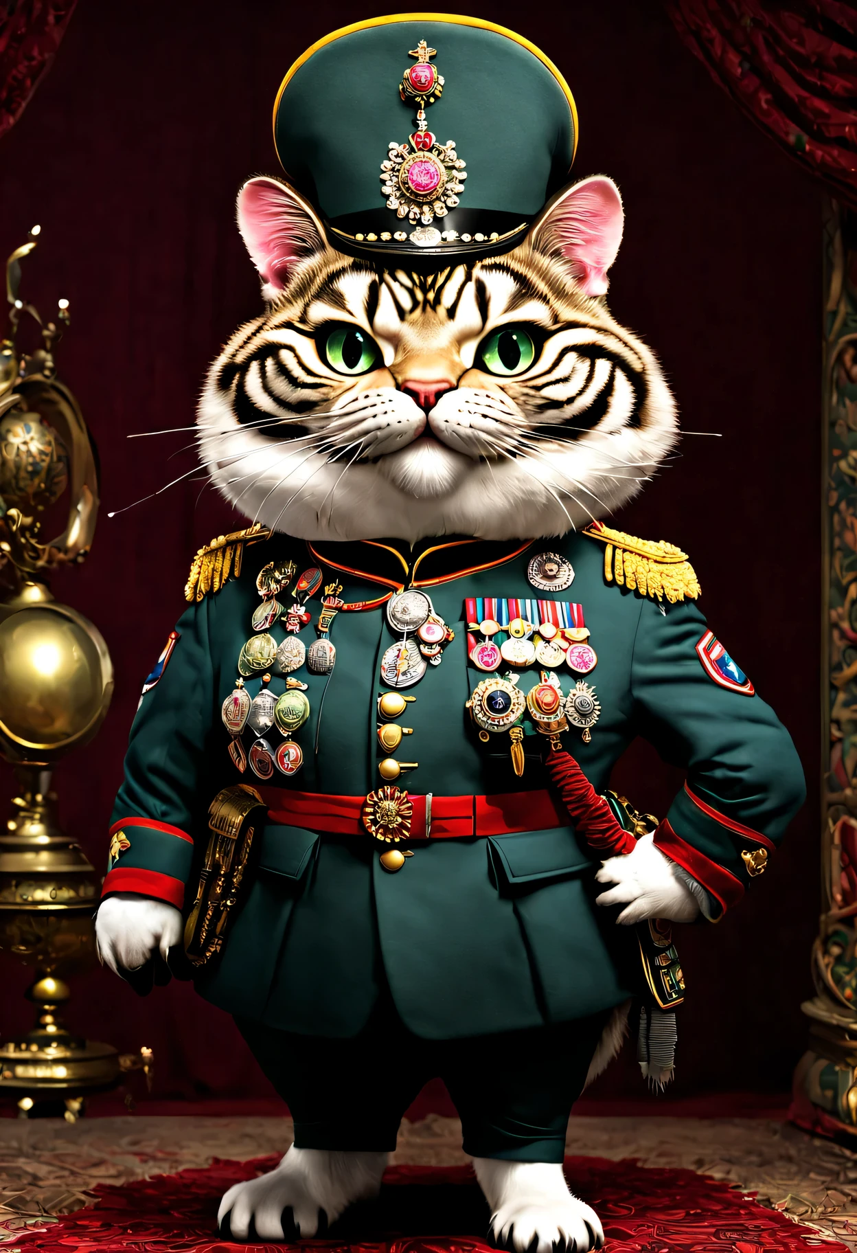 photorealistic portrait of Dressed animals - a ((fat)) Cheshire cat general,(brave pose), high quality,(lovely) ,intricate details, highly detailed ((military uniform) ,,highly detailed decorations, , (brave), studio lighting,(full body image from head to toe:1.5)