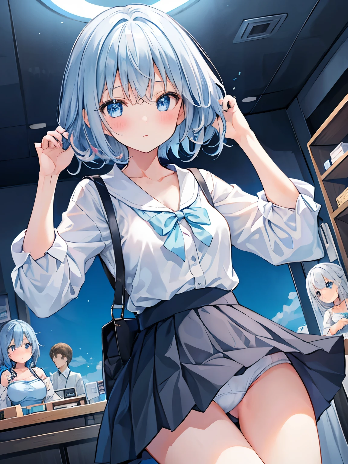 1girl in,Light Blue Medium Hair,Tying hair,Light blue eyes,Cute,blush,medium breasts, black knit, white mini skirt, Department store, underwear is visible