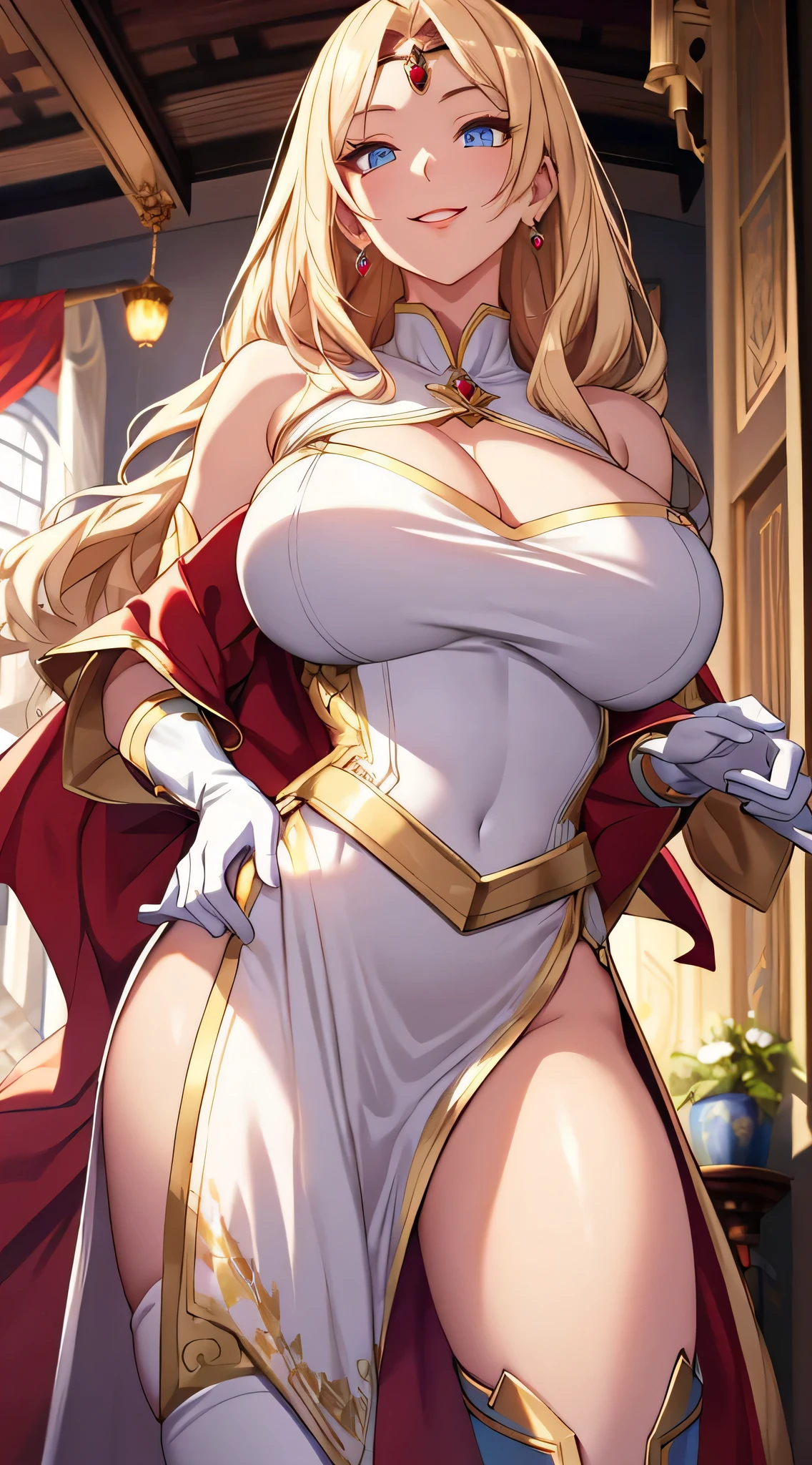 Lian, long blonde hair, hair stick, bangs, blue eyes, solo, smiling, standing, upper body, hips, bare shoulders,purple thighhighs, white dress, gold jewelry,armor,gloves,circlet, cleavage, red and gold royal castle, gigantic breasts, (best quality, masterpiece, beautiful and aesthetic:1.2, highest detailed face, perfect face,) eyes, perfect face,expressive eyes,
looking at viewer, in the center of the image,(Upper_body),(Focus on her face),
official art,extremely detailed CG unity 8k wallpaper, perfect lighting,Colorful, Bright_Front_face_Lighting,shiny skin,
(masterpiece:1.0),(best_quality:1.0), ultra high res,4K,ultra-detailed