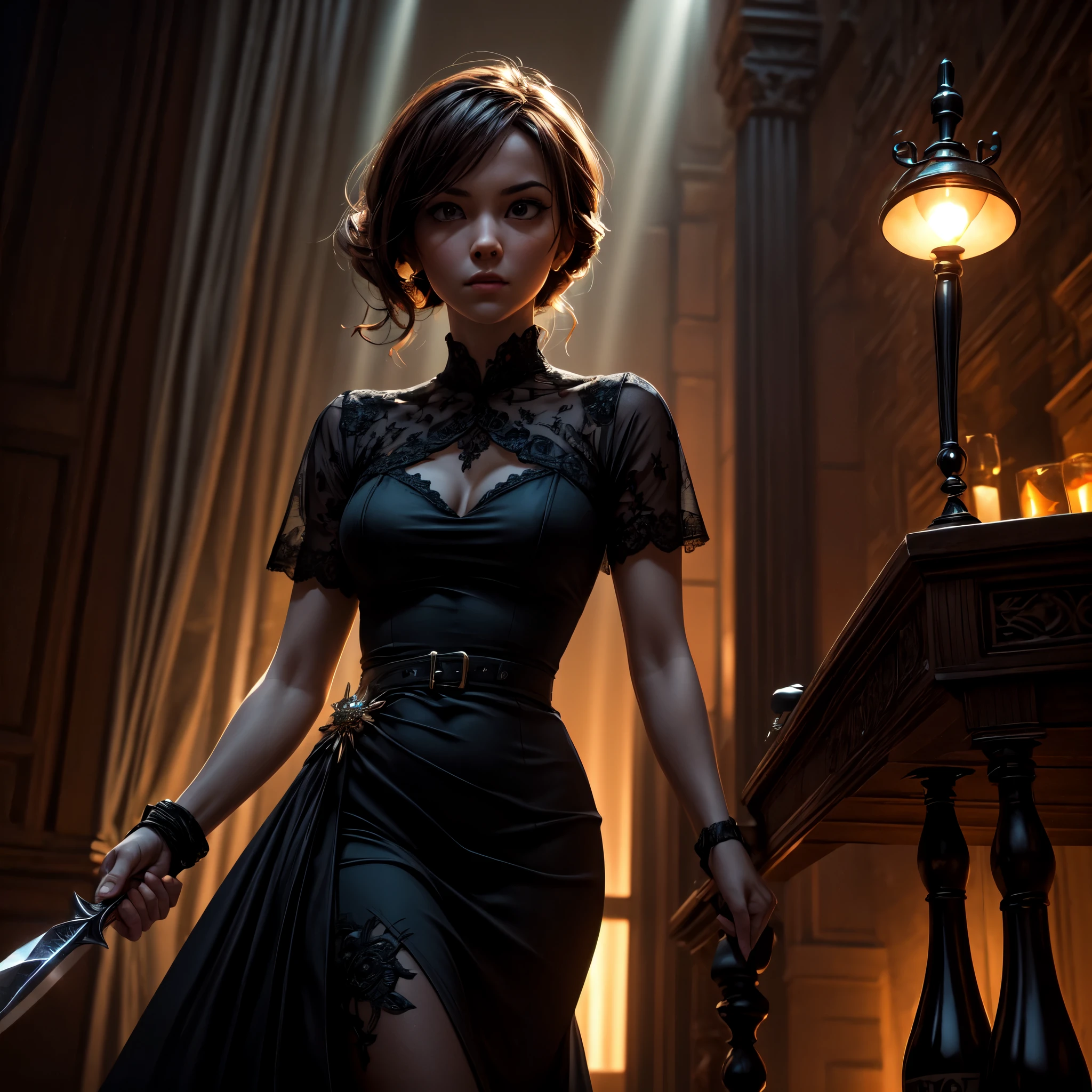 16K, ultra detailed, masterpiece, best quality, (extremely detailed), arafed, action shot, a woman spy, wearing an intricate elegant dress, black dress, holding a (dagger: 1.3) in a cocktail party, Wide-Angle, Ultra-Wide Angle, 16k, highres, best quality, high details, determined face, god rays, cinematic lighting, glowing light, silhouette, from outside, photorealism