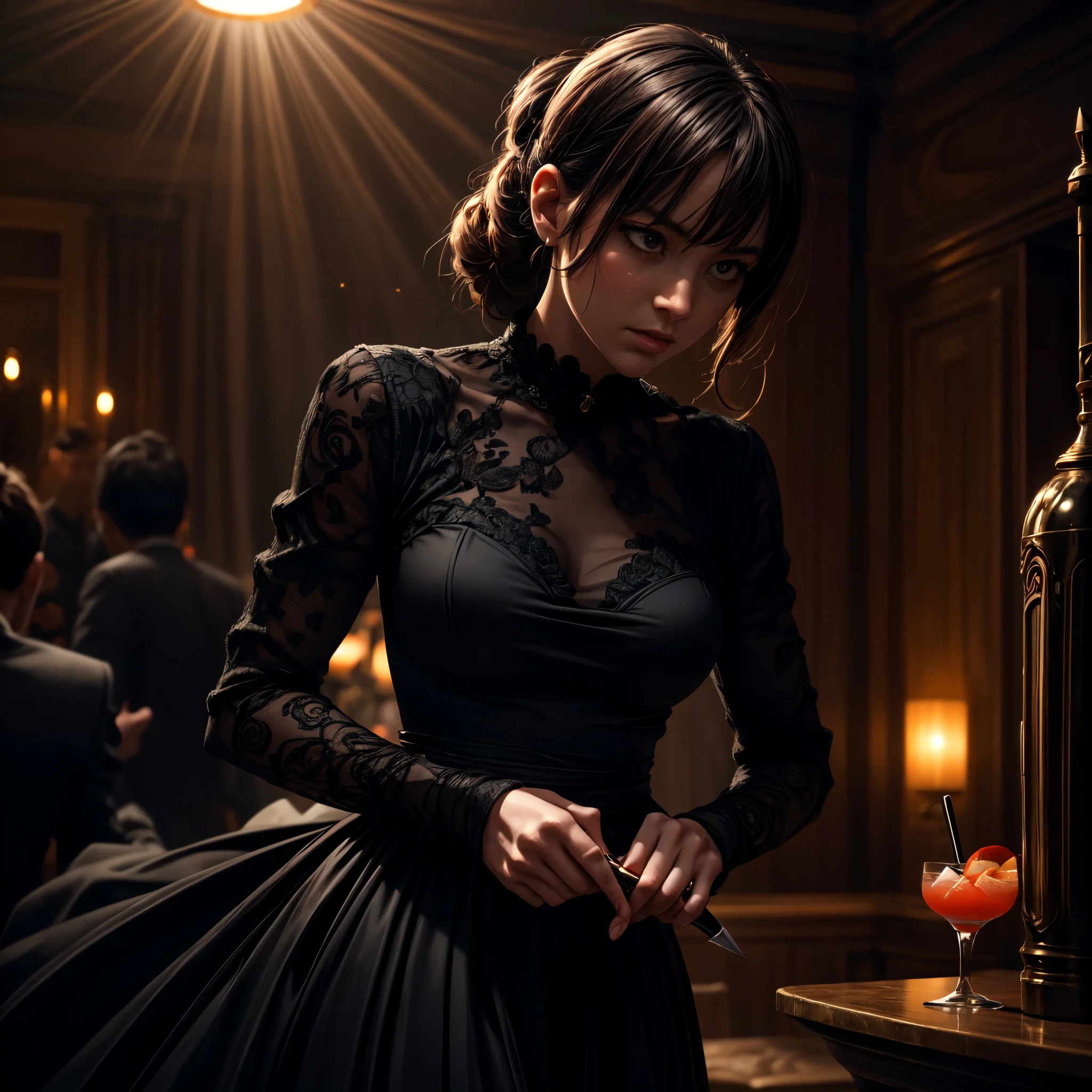 16K, ultra detailed, masterpiece, best quality, (extremely detailed), arafed, action shot, a woman spy, wearing an intricate elegant dress, black dress, holding a (dagger: 1.3) in a cocktail party, Wide-Angle, Ultra-Wide Angle, 16k, highres, best quality, high details, determined face, god rays, cinematic lighting, glowing light, silhouette, from outside, photorealism