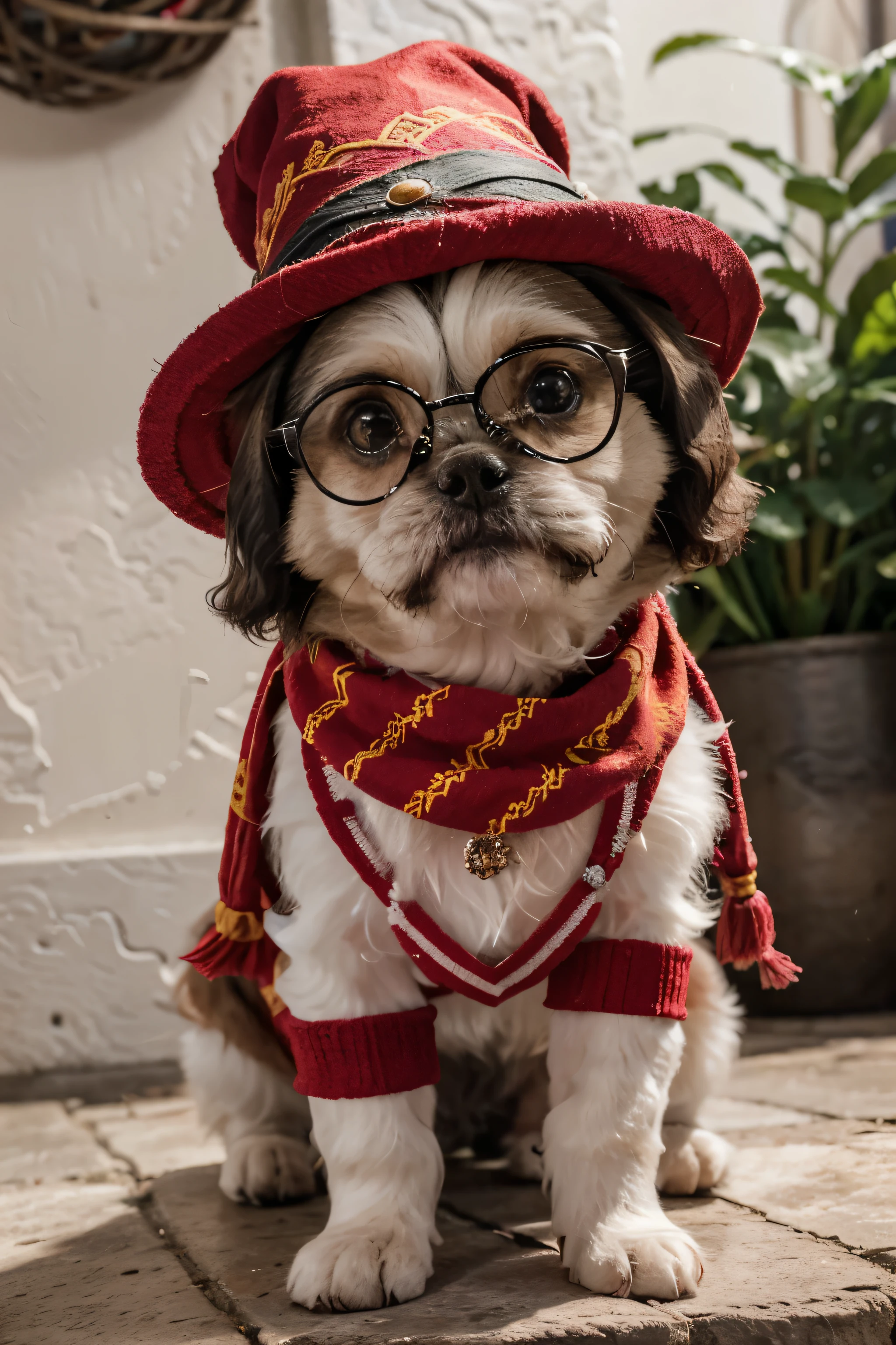 melhor qualidade, 4k, de um cachorro shihtzu, com pelos brancos, Delgado, in a setting of witchcraft and magic, inspirado em Harry Potter, with wizard hat and striped scarf (cor vermelha e cor amarelo, alternados), black round glasses with thin stem; the hair on the head must be white, assim como o cabelo perto da boca