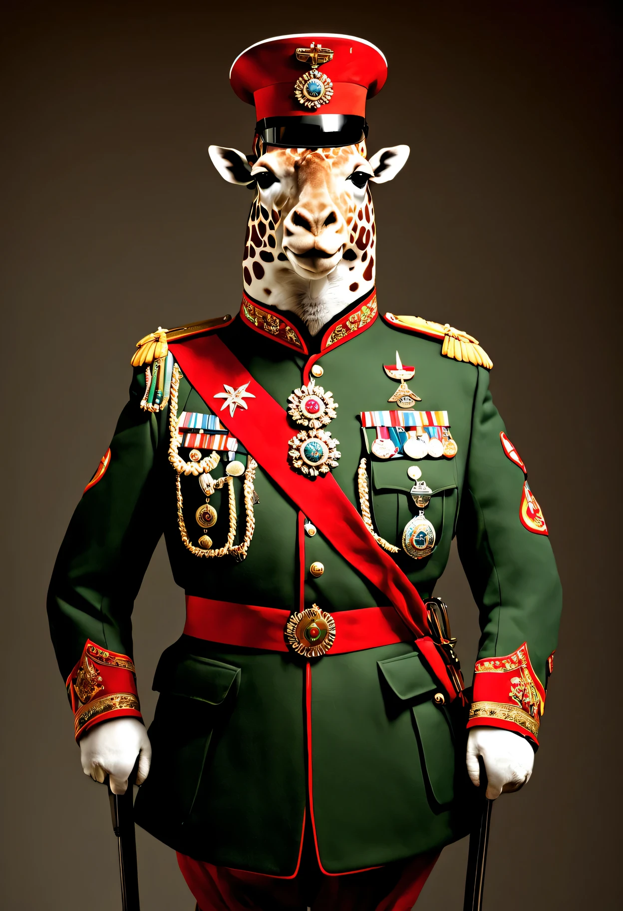 photorealistic portrait of Dressed animals - a ((fat)) giraffe general,(brave pose), high quality,(lovely) ,intricate details, highly detailed ((military uniform) ,,highly detailed decorations, , (brave), studio lighting,(full body image from head to toe:1.5)