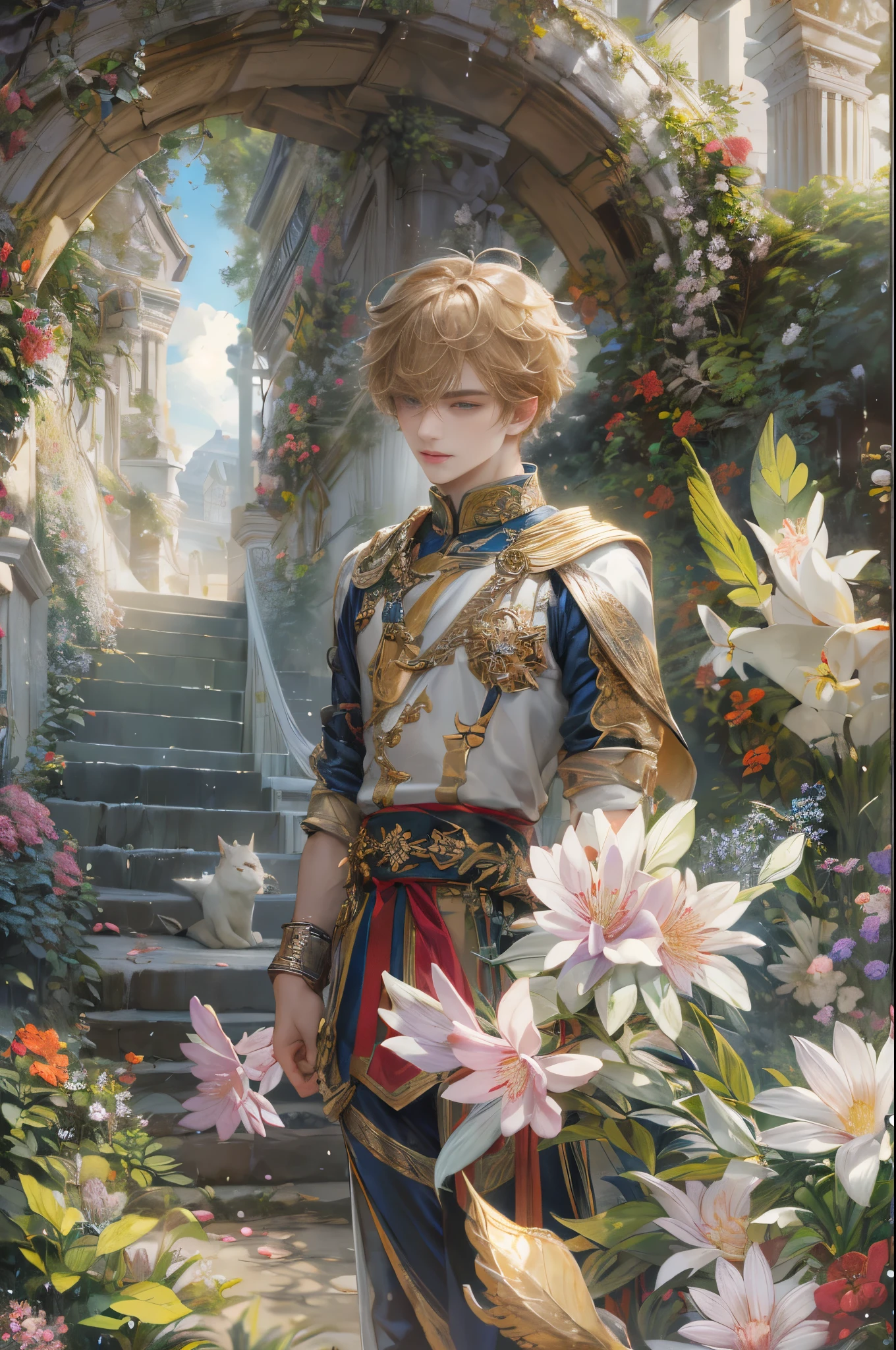 (absurdres, highres, ultra detailed, HDR), masterpiece, Intricate details,best quality picture of a character from Valkyrie Elysium, handsome teen boy with short Hair anime eyes, intricate details on face, in a detailed outside garden sanctuary scenery, detailed character, art kenouji