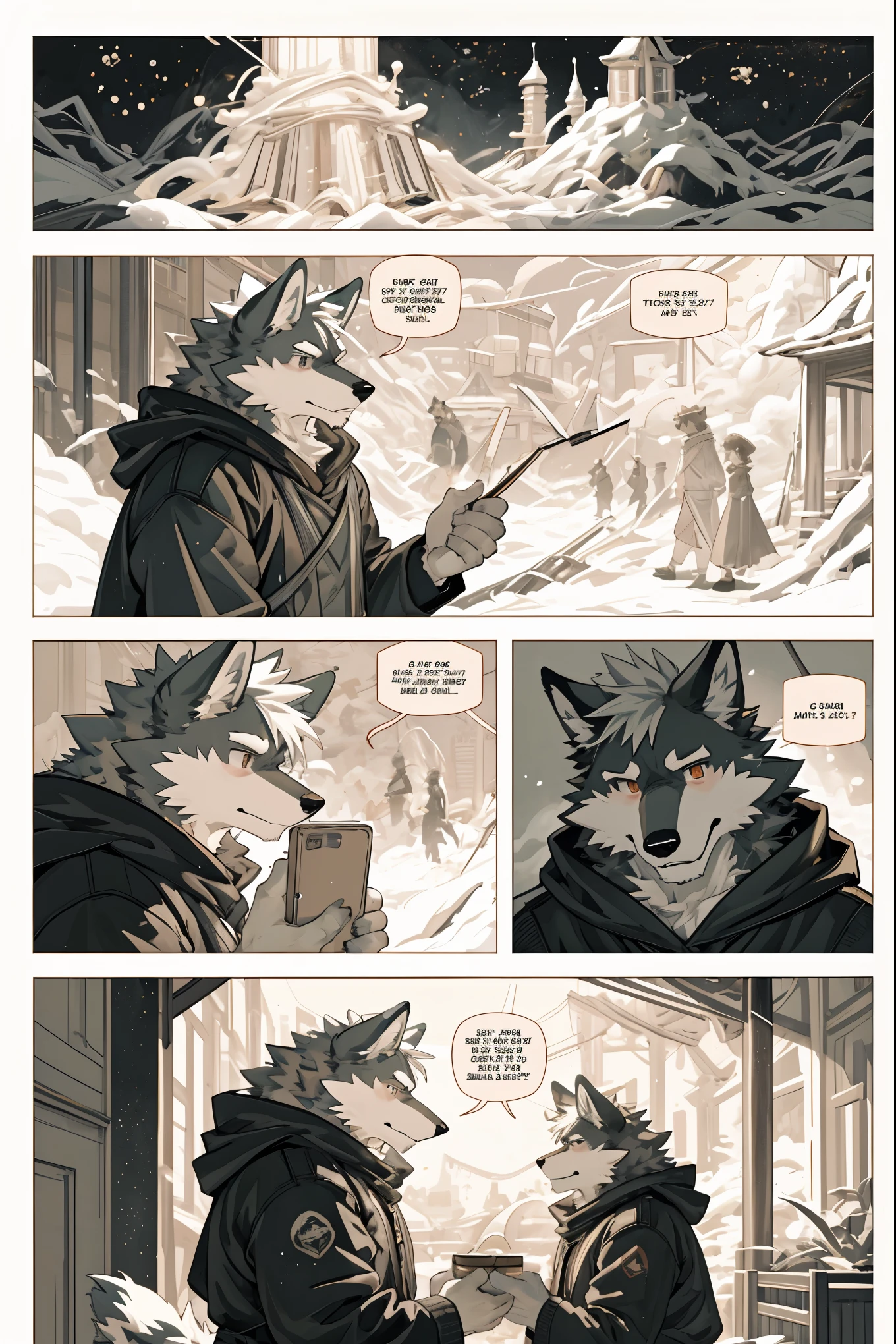 top quality, best quality, highres, unparalleled masterpiece, perfect artwork, paid reward available, indoor, couple of comics(super cute 1girl, 1wolf, kemono, furry anthro)tumblr, sosaku hanga, black and white manga page, manga page, doujin, ddlc, anime, comedy comic, black and white manga panel, zerochan,