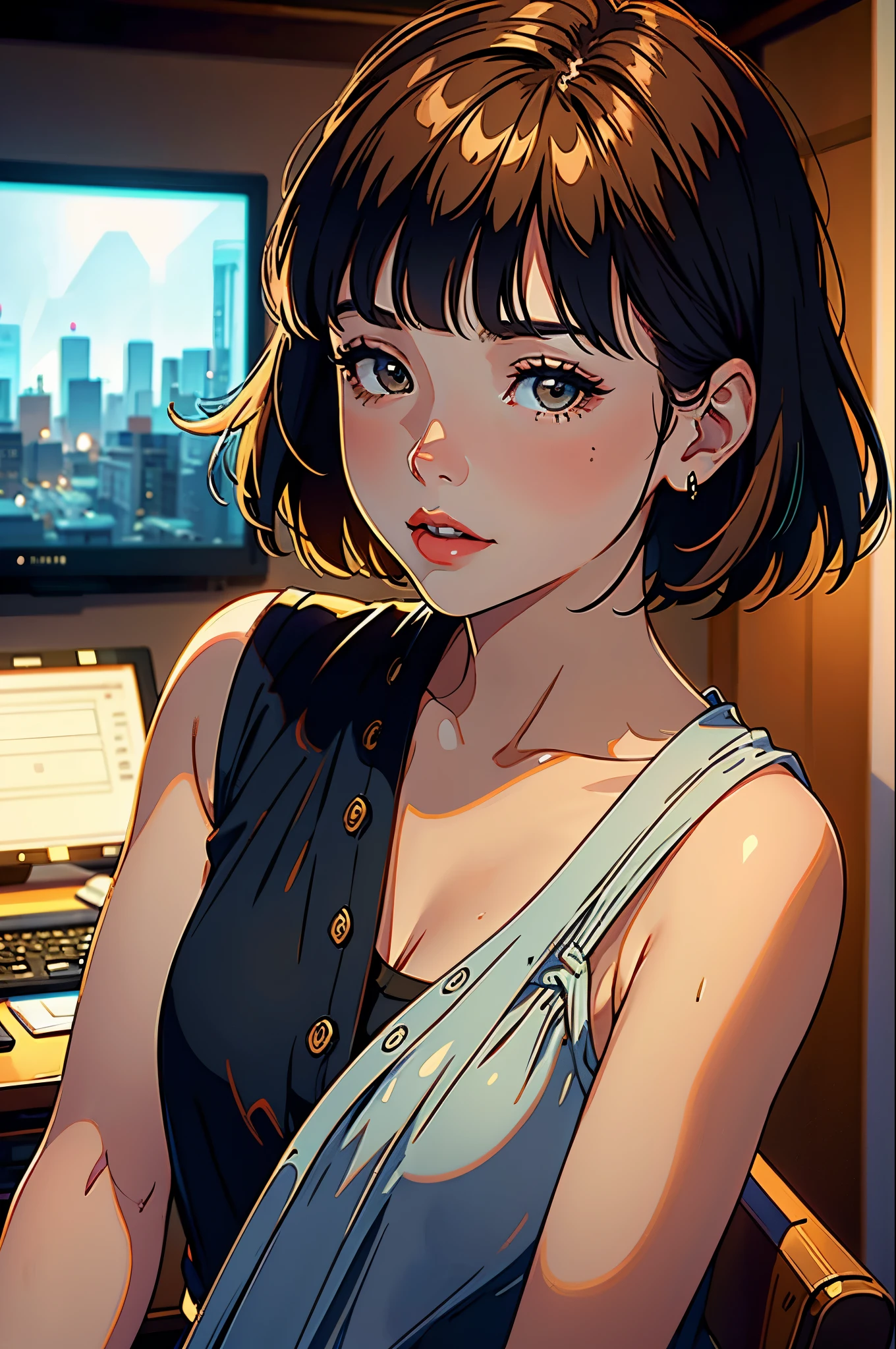 A girl with short brown hair and bangs captivates in a sleeveless blouse, set against a beautiful backdrop, illuminated by the stunning UHD studio lighting reminiscent of Paramount. Her hair frames her face with stylish flair, adding to her charm. The illustrative style draws inspiration from the contemporary and vibrant works of Audrey Kawasaki, known for her ethereal and emotive illustrations. The color palette combines warm earthy tones with pops of complementary colors, creating a visually captivating composition. The camera angle captures the girl in a natural and relaxed pose, showcasing her effortless beauty in the carefully crafted studio setting.