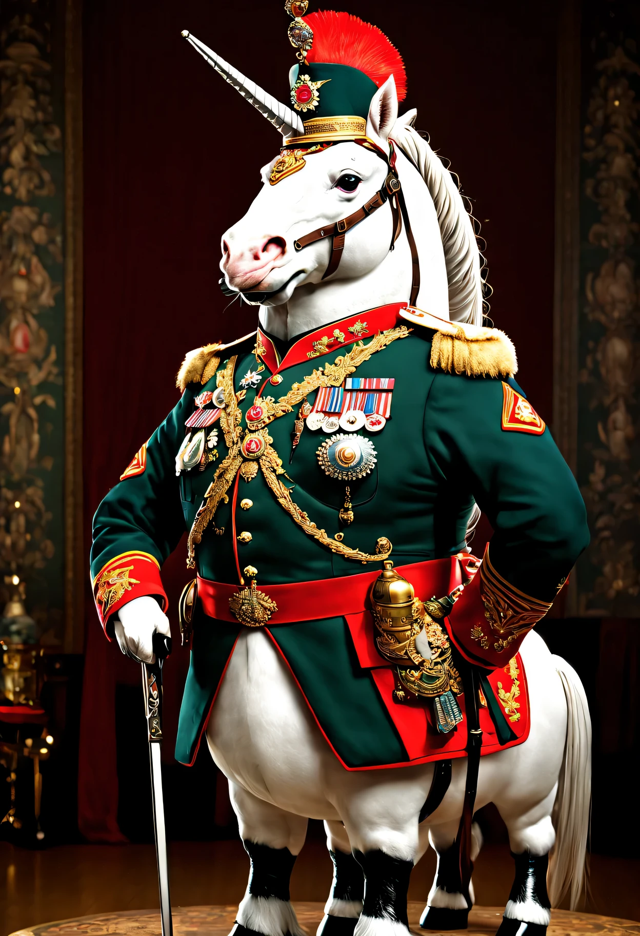 photorealistic portrait of Dressed animals - a ((fat)) unicorn general,(brave pose), high quality,(lovely) ,intricate details, highly detailed ((military uniform) ,,highly detailed decorations, , (brave), studio lighting,(full body image from head to toe:1.5)