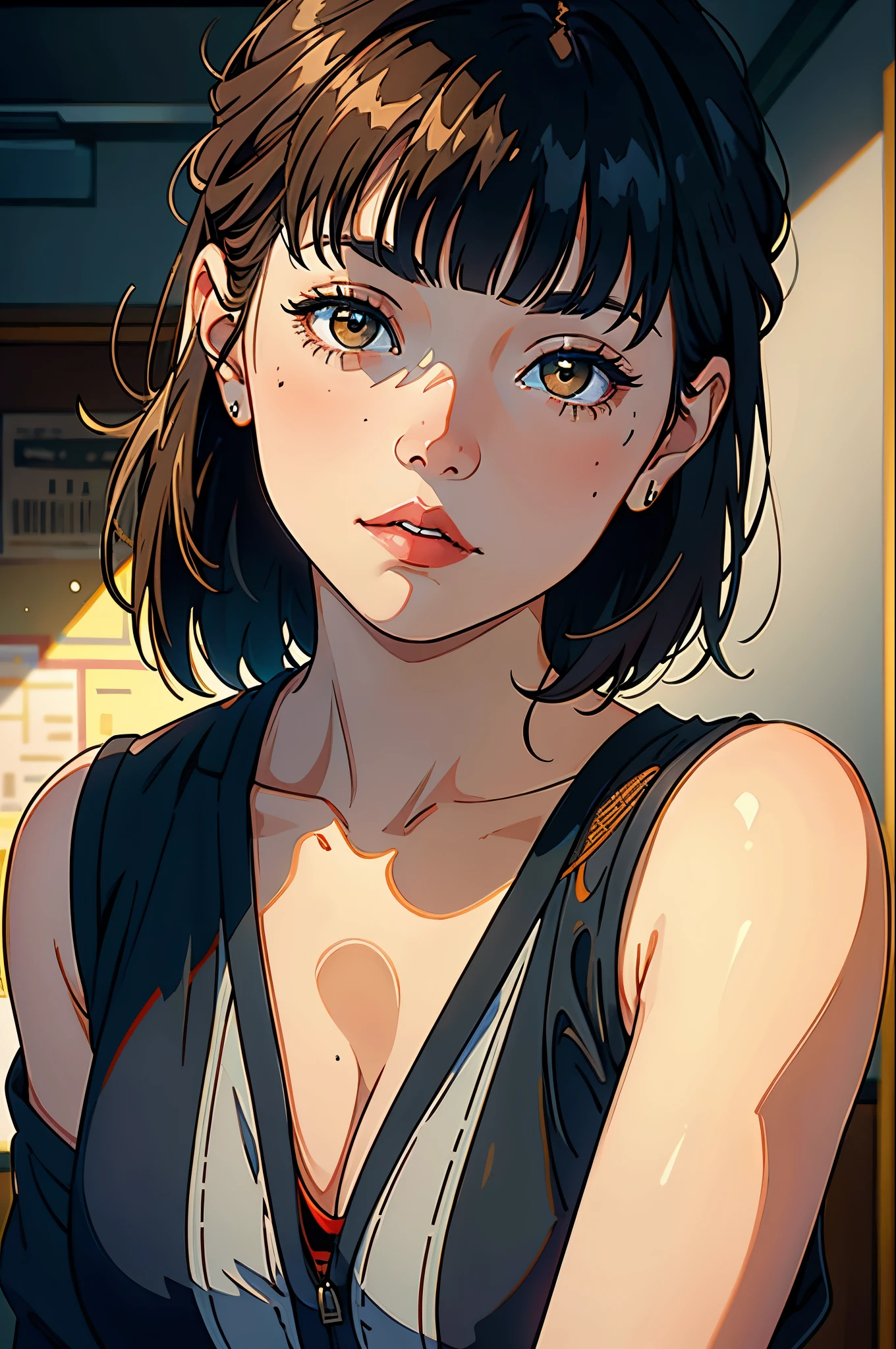 A girl with short brown hair and bangs captivates in a sleeveless blouse, set against a beautiful backdrop, illuminated by the stunning UHD studio lighting reminiscent of Paramount. Her hair frames her face with stylish flair, adding to her charm. The illustrative style draws inspiration from the contemporary and vibrant works of Audrey Kawasaki, known for her ethereal and emotive illustrations. The color palette combines warm earthy tones with pops of complementary colors, creating a visually captivating composition. The camera angle captures the girl in a natural and relaxed pose, showcasing her effortless beauty in the carefully crafted studio setting.