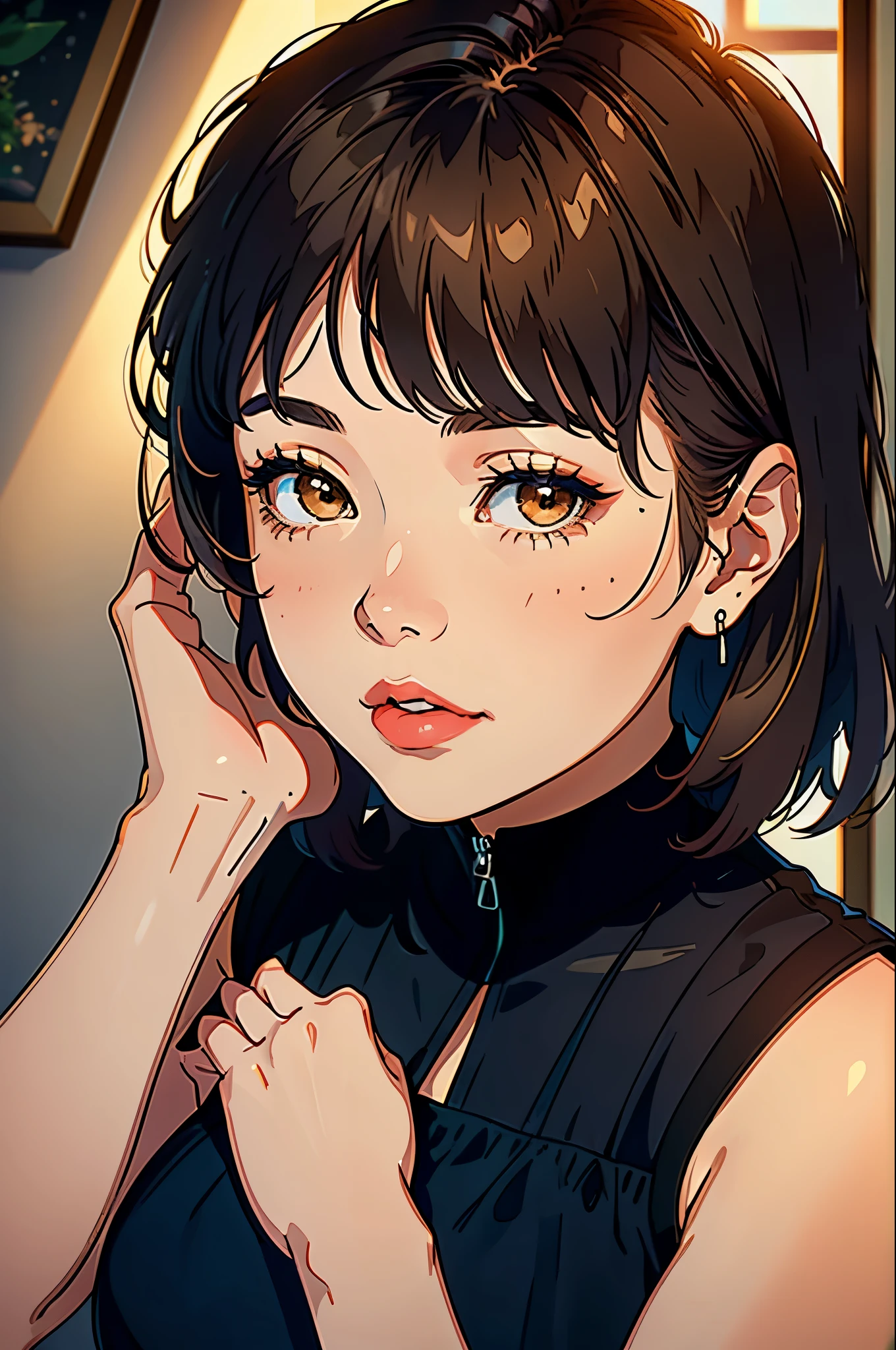 A girl with short brown hair and bangs captivates in a sleeveless blouse, set against a beautiful backdrop, illuminated by the stunning UHD studio lighting reminiscent of Paramount. Her hair frames her face with stylish flair, adding to her charm. The illustrative style draws inspiration from the contemporary and vibrant works of Audrey Kawasaki, known for her ethereal and emotive illustrations. The color palette combines warm earthy tones with pops of complementary colors, creating a visually captivating composition. The camera angle captures the girl in a natural and relaxed pose, showcasing her effortless beauty in the carefully crafted studio setting.