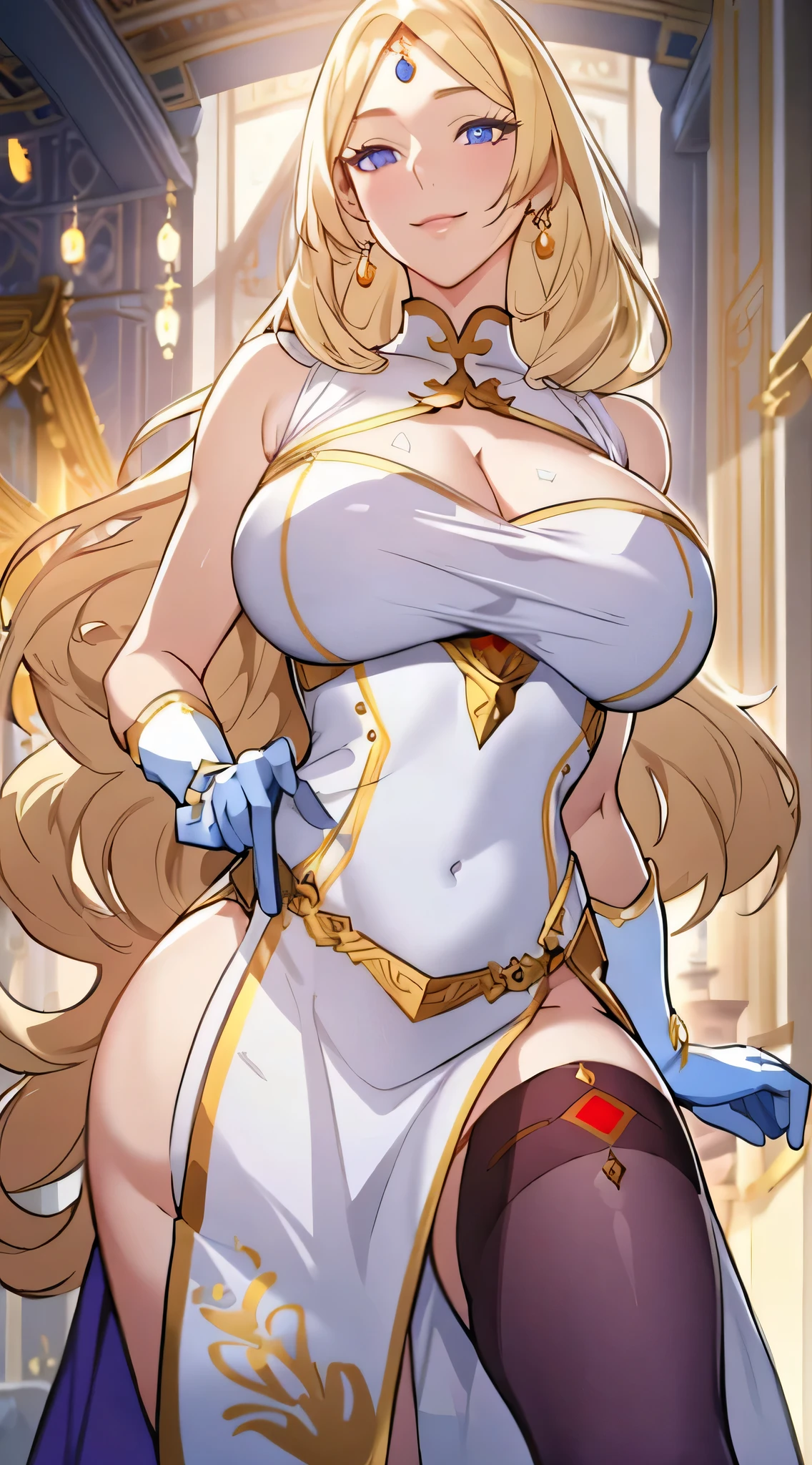 Lian, long blonde hair, hair stick, bangs, blue eyes, solo, smiling, standing, upper body, hips, bare shoulders,purple thighhighs, white dress, gold jewelry,armor,gloves,circlet, cleavage, red and gold royal castle, gigantic breasts, (best quality, masterpiece, beautiful and aesthetic:1.2, highest detailed face, perfect face,)  eyes, perfect face,expressive eyes,
looking at viewer, in the center of the image,(Upper_body),(Focus on her face),
official art,extremely detailed CG unity 8k wallpaper, perfect lighting,Colorful, Bright_Front_face_Lighting,shiny skin, 
(masterpiece:1.0),(best_quality:1.0), ultra high res,4K,ultra-detailed
