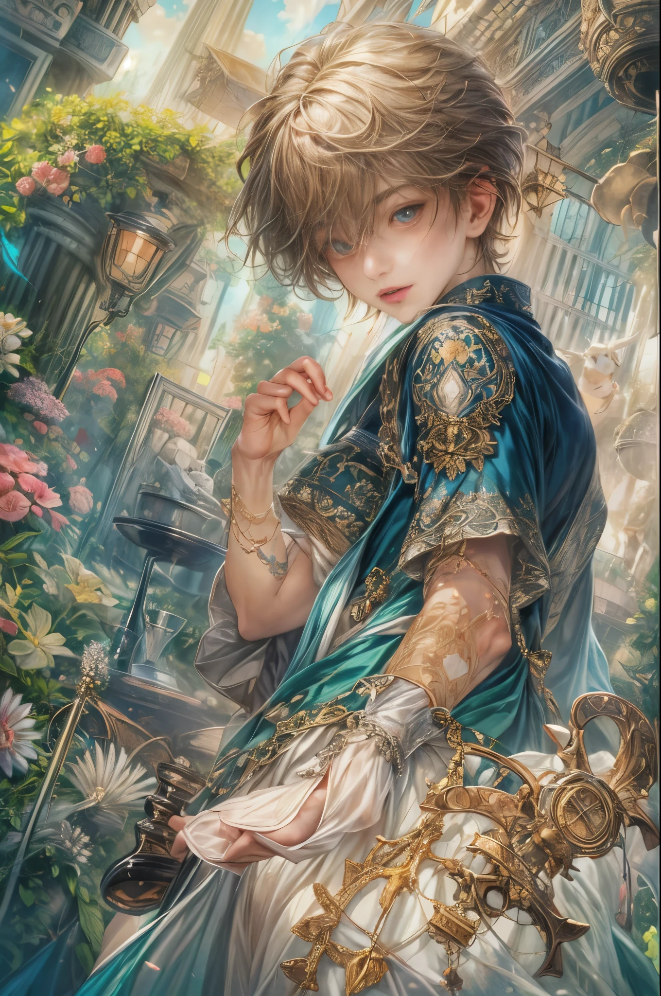 (absurdres, highres, ultra detailed, HDR), masterpiece, Intricate details,best quality picture of a character from Tales of the rays, handsome teen boy with short Hair anime eyes, intricate details on face, in a detailed outside garden sanctuary scenery, detailed character, art kenouji
