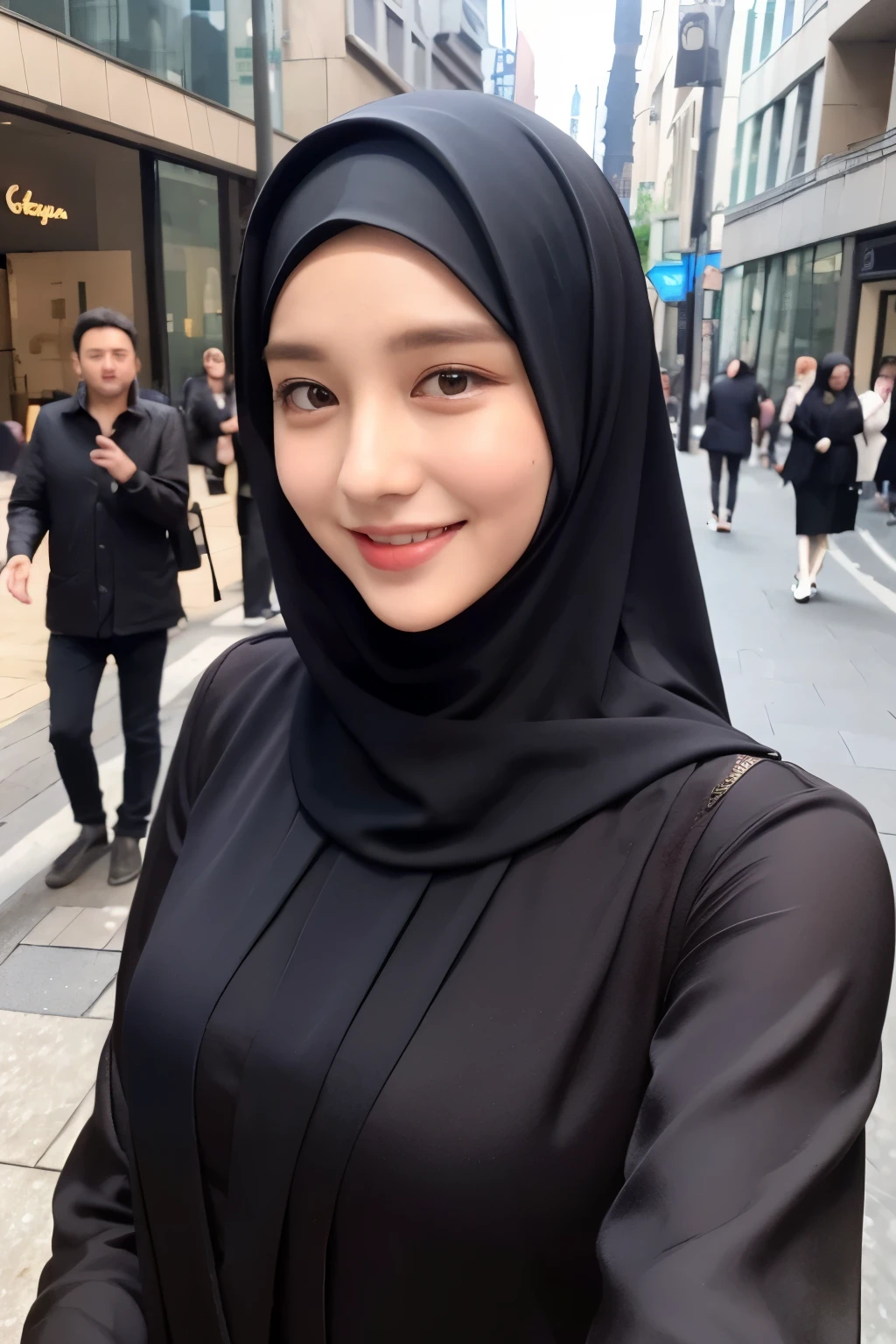 ((Best quality, 8k, Masterpiece :1.3)), 1girl, smiling, slim face, Pretty woman, (Dark brown hijab), full length blouse :1.1, Ultra-detailed face, Detailed eyes, Double eyelid, blur background, slim face, city, outside, street,