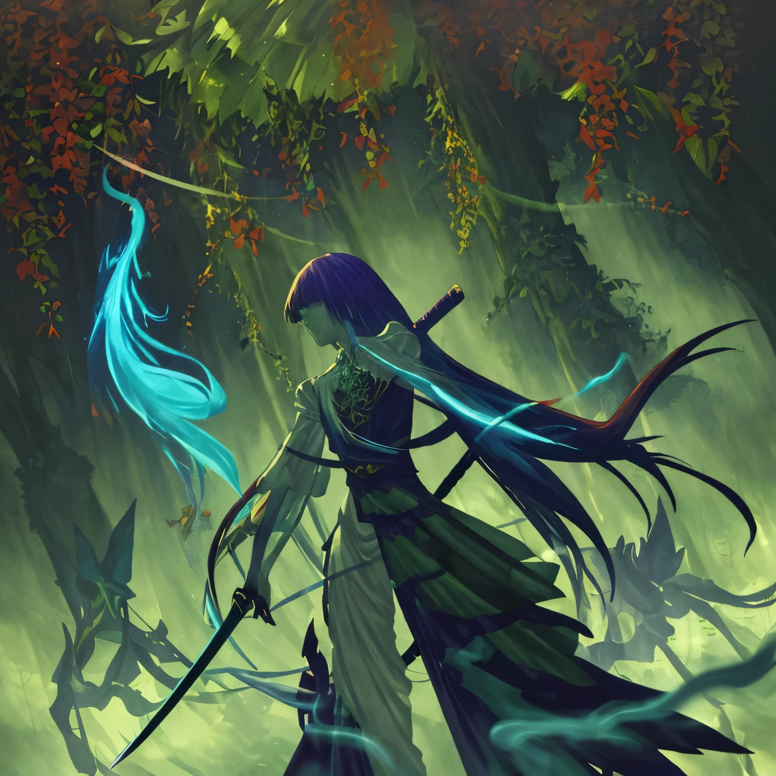 (high-res, vivid colors, anime, concept art), glowing ghostly figures wielding gleaming swords, ethereal and transparent, gracefully slicing through the air, surrounding a scene of withered calatheas. The ghostly apparitions move with supernatural speed and precision, their swords leaving trails of shimmering light. The calatheas, once vibrant and lush, now stand wilted and drooping, with leaves curling and turning brown. As the ghosts swing their swords, the plants are effortlessly cut, their stems sliced cleanly. The atmosphere is filled with an eerie glow, casting a hauntingly beautiful light on the surroundings. The scene exudes a sense of mystery and danger, with the juxtaposition of delicate plants and powerful, spectral beings. The colors are vibrant and saturated, with a dreamlike quality to them. Shadows dance with the gentle swaying of the calathea leaves, creating a dynamic and captivating composition. The overall lighting showcases the contrast between light and darkness, emphasizing the ghostly figures and their swords. It is a mesmerizing piece of anime concept art, capturing the essence of ghosts and swords in a visually striking and evocative manner.