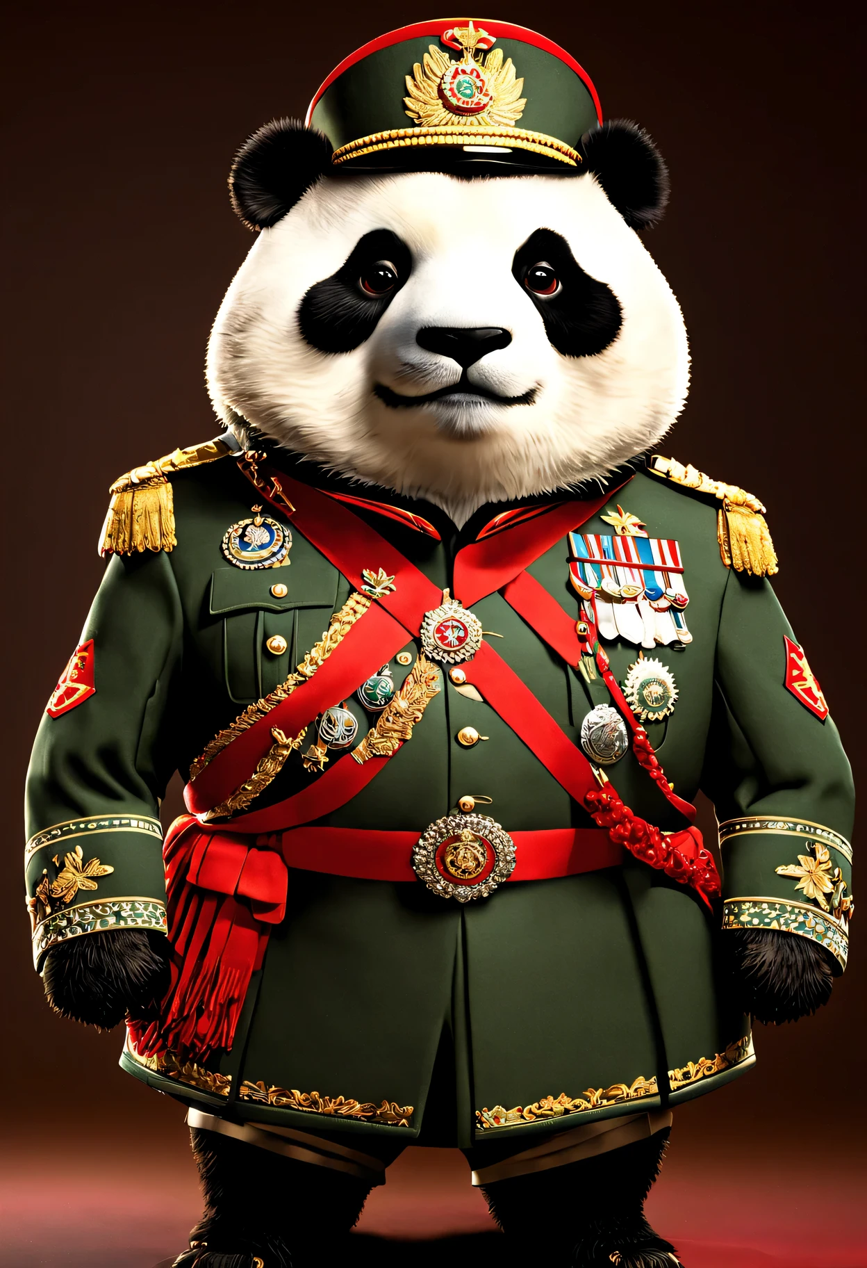 photorealistic portrait of Dressed animals - a ((fat)) panda general,(brave pose), high quality,(lovely) ,intricate details, highly detailed ((military uniform) ,,highly detailed decorations, , (brave), studio lighting,(full body image from head to toe:1.5)