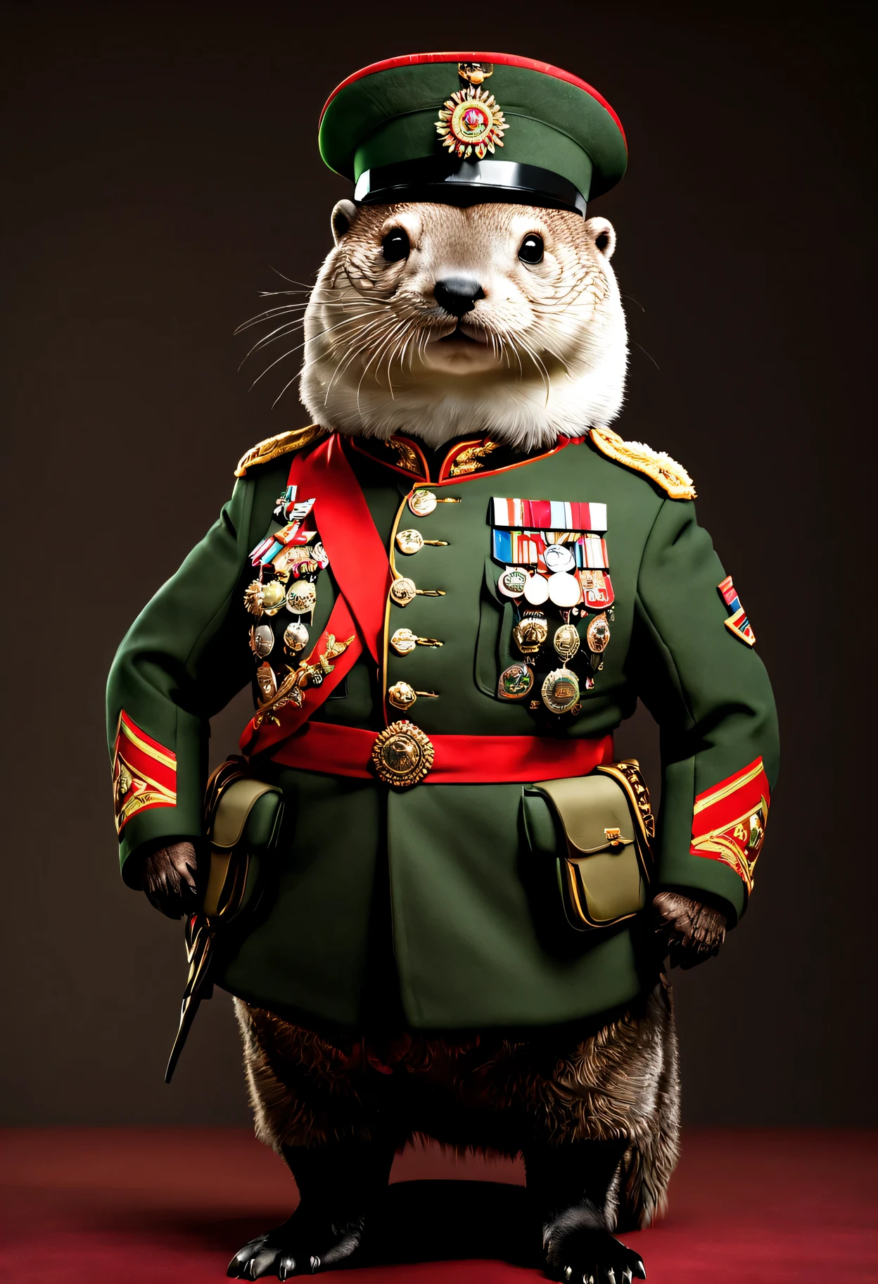 photorealistic portrait of Dressed animals - a ((fat)) otter general,(brave pose), high quality,(lovely) ,intricate details, highly detailed ((military uniform) ,,highly detailed decorations, , (brave), studio lighting,(full body image from head to toe:1.5)