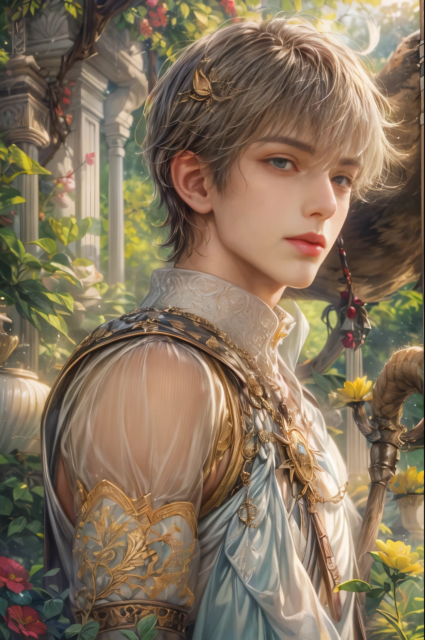 (absurdres, highres, ultra detailed, HDR), masterpiece, Intricate details,best quality picture of a character from Valkyrie Elysium, handsome boy with short Hair anime eyes, intricate details on face, in a detailed outside garden sanctuary scenery, detailed character, art kenouji