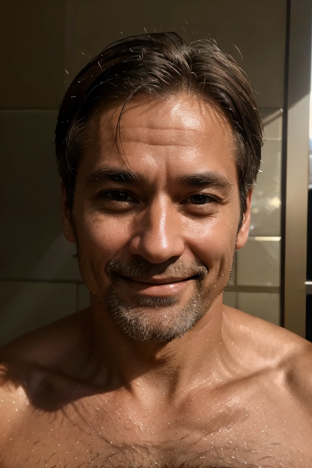 Describe a man of approximately 40 years old with a serene and full appearance, radiating happiness. Detail his calm facial expression, the sparkle in his eyes, and any element that suggests a sense of contentment and accomplishment."