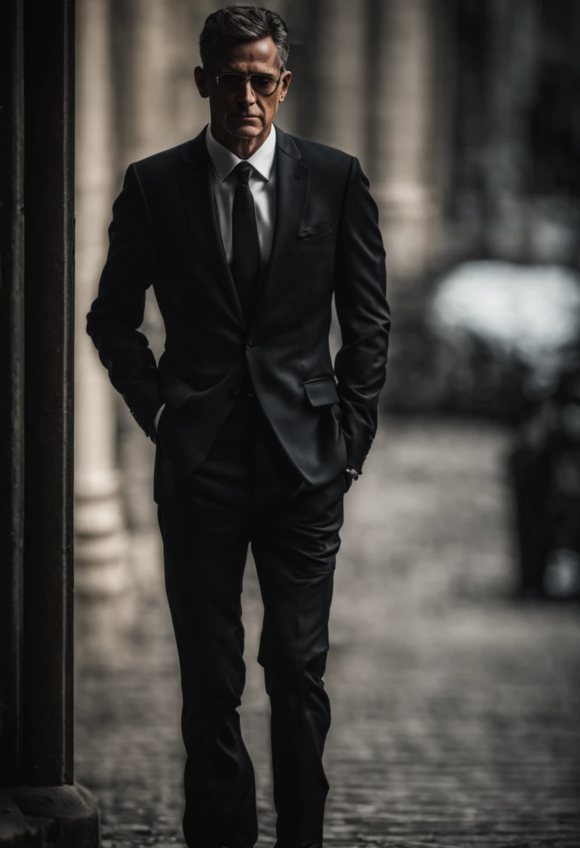 📷 A mysterious man in a sharp black suit, glimpsed through a telephoto lens from afar, evoking the intrigue of intelligence agents. Shot with a Nikon D850 and 600mm f/4 lens, using a narrow depth of field and moody lighting to add drama.