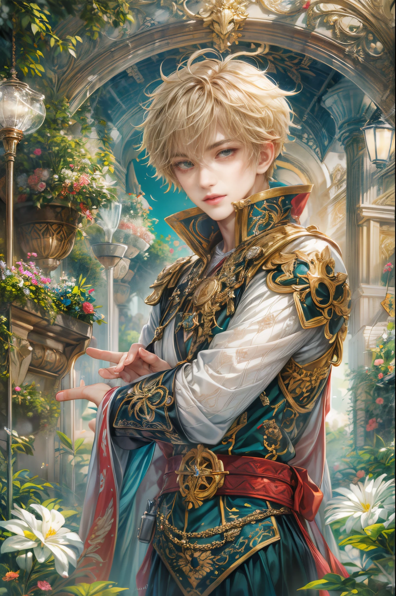 (absurdres, highres, ultra detailed, HDR), masterpiece, Intricate details,best quality picture of a character from Tales of the rays, handsome boy with short Hair anime eyes, intricate details on face, in a detailed outside garden sanctuary scenery, detailed character, art kenouji