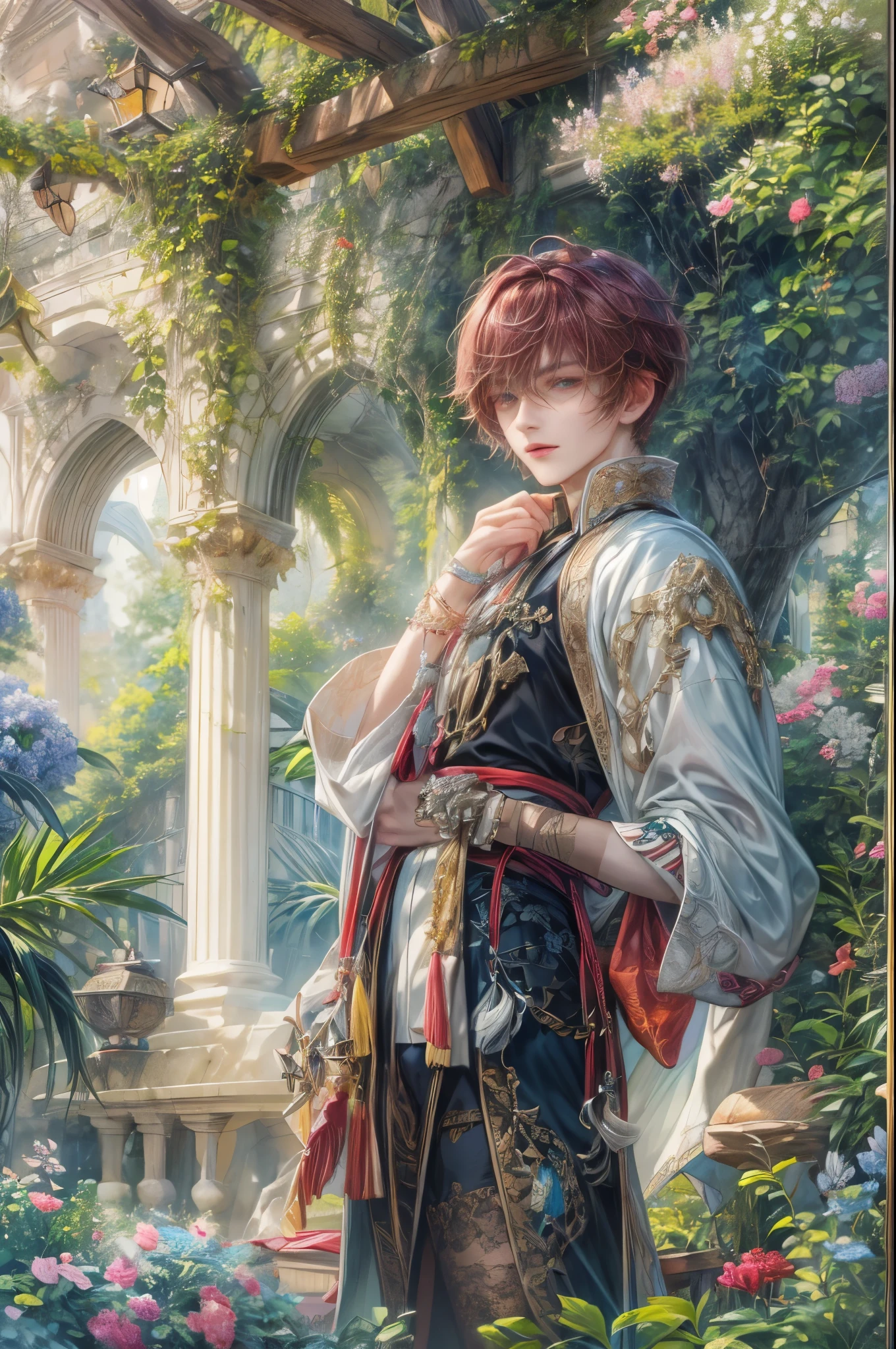 (absurdres, highres, ultra detailed, HDR), masterpiece, Intricate details,best quality picture of a character from Tales of the rays, handsome teen boy with short Hair anime eyes, intricate details on face, in a detailed outside garden sanctuary scenery, detailed character, art kenouji